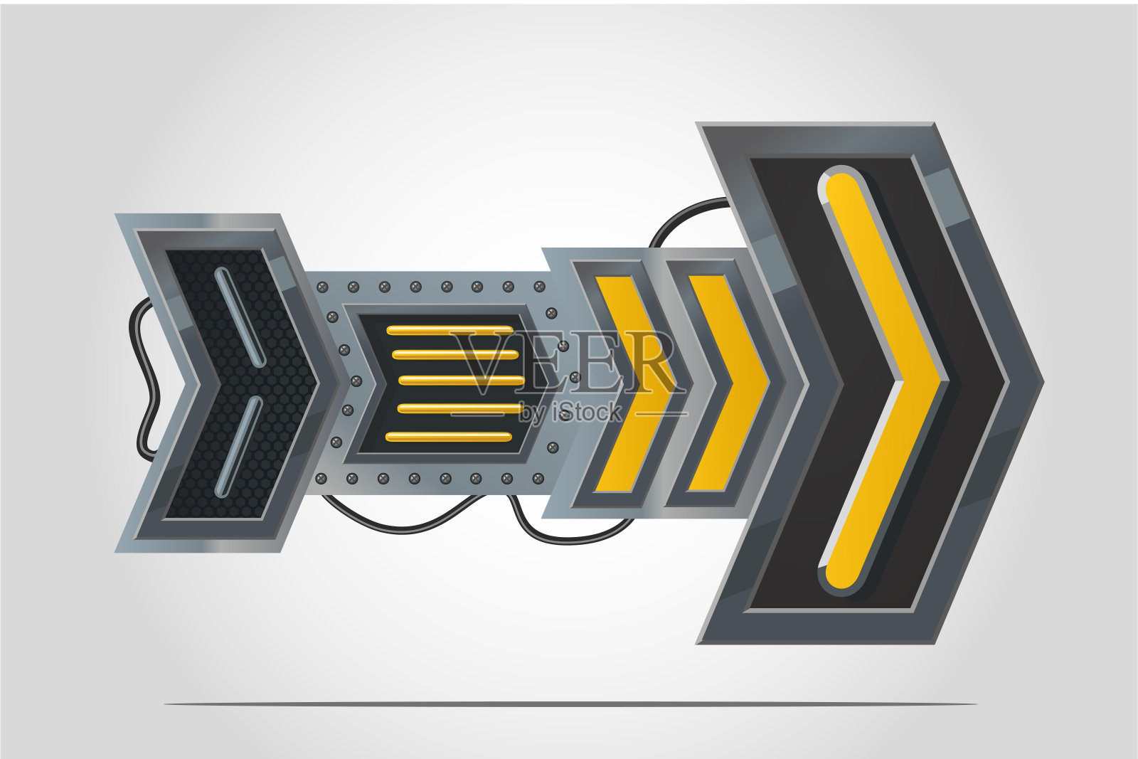 金属箭头。导航信号。赛博朋克风格的概念艺术。现实的界面设计。Gui元素。金属方向旗帜。未来的设计。插画图片素材