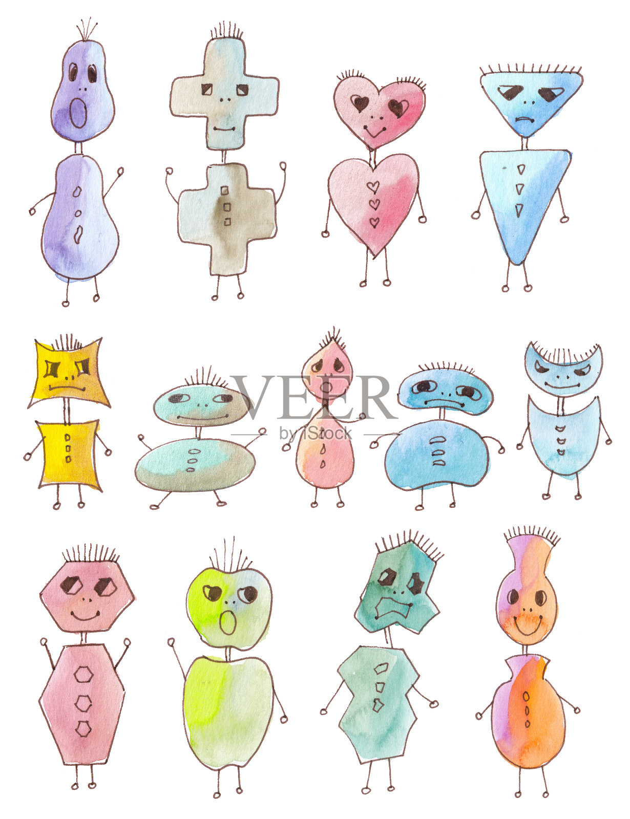 一组几何形状、不同面部表情和颜色的卡通机器人。插画图片素材