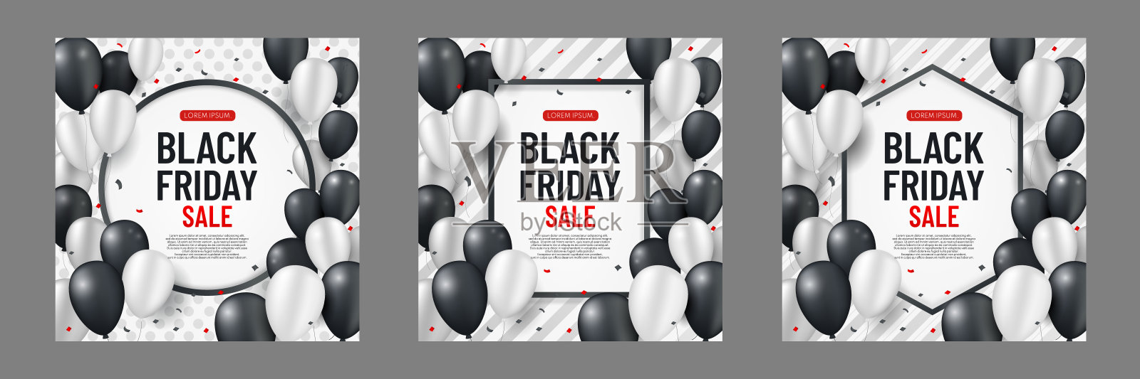 一套黑色星期五销售背景与白色和黑色气球和蛇纹石在垂直条背景。现代设计。通用矢量背景海报，横幅，传单，卡片。EPS10插画图片素材