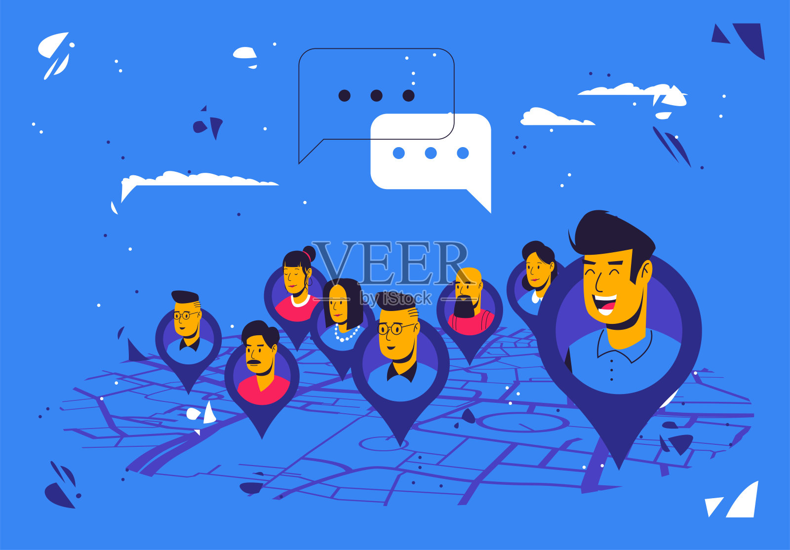 矢量图上的点与人的头像，人在地图上的位置插画图片素材