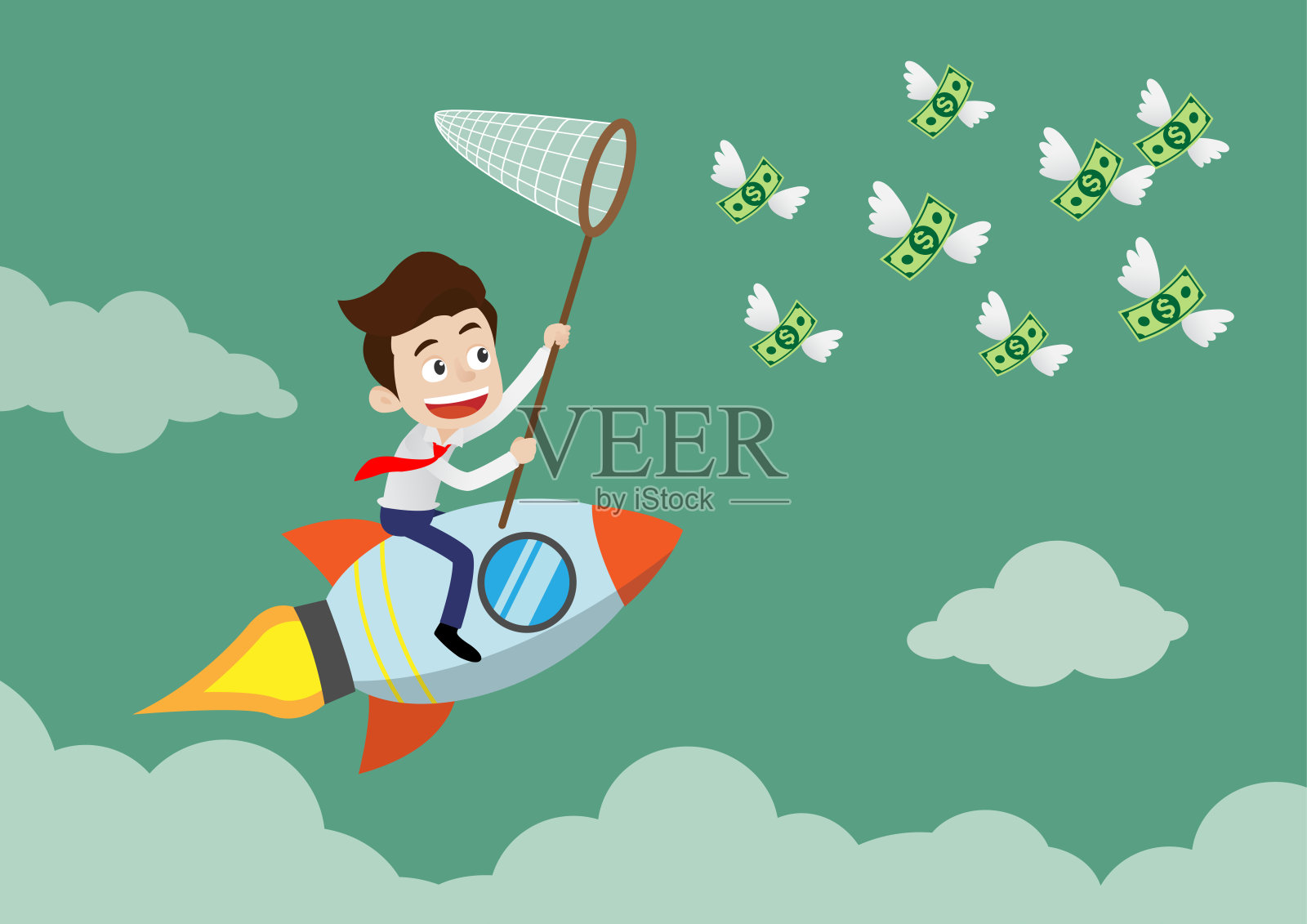 商人在火箭上飞行，试图抓住飞行的钱，卡通向量插画图片素材