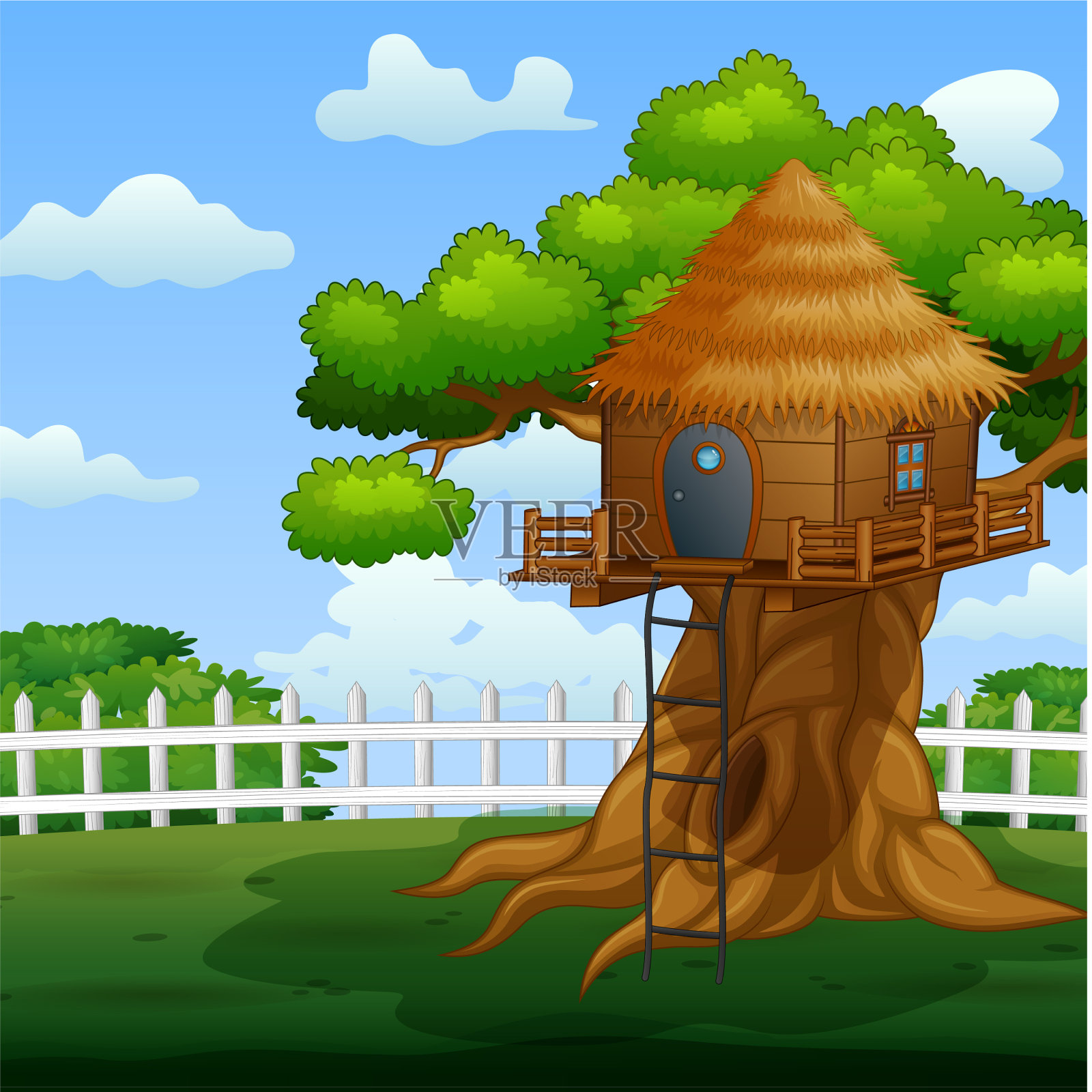 花园里的木制树屋插画图片素材