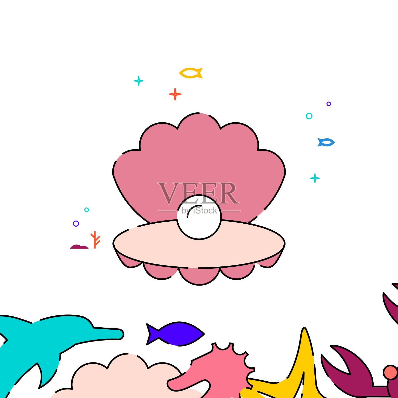 贝壳用珍珠线填充图标，简单的插图插画图片素材