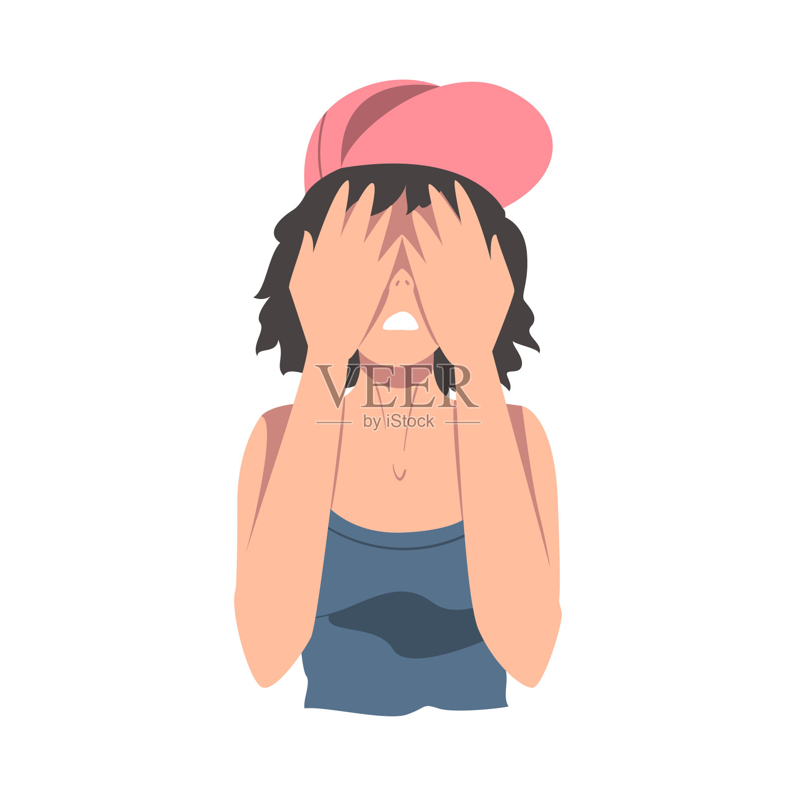 尴尬的少女掩盖她的脸与手，遗憾的人与紧握的手卡通风格矢量插图插画图片素材