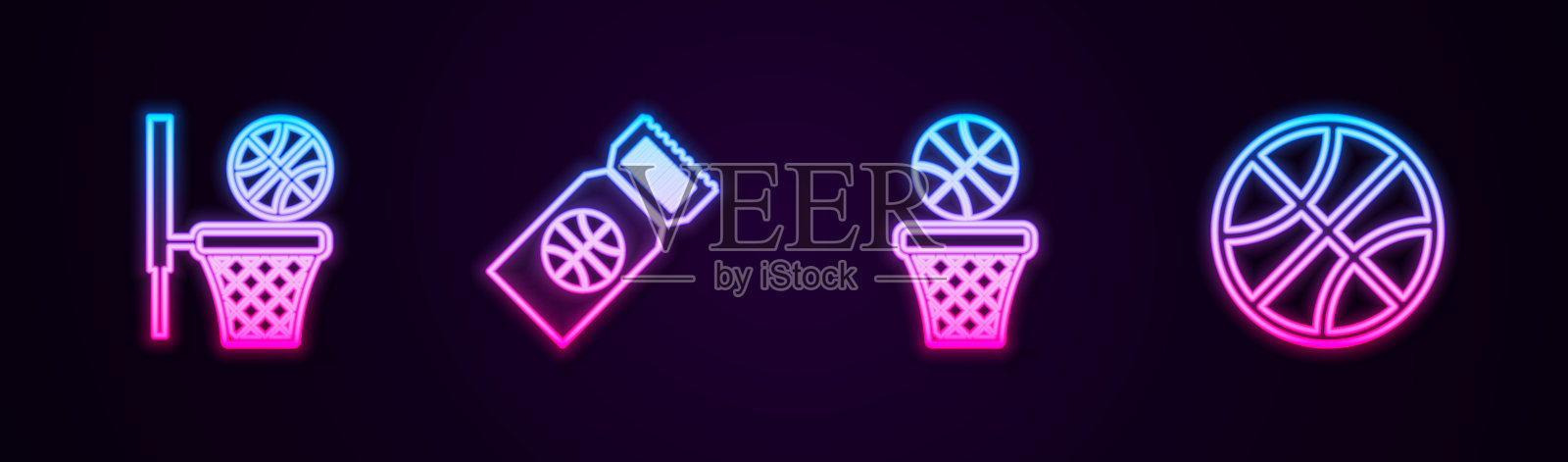 篮球和篮筐、比赛门票发光霓虹灯图标矢量素材插画图片素材