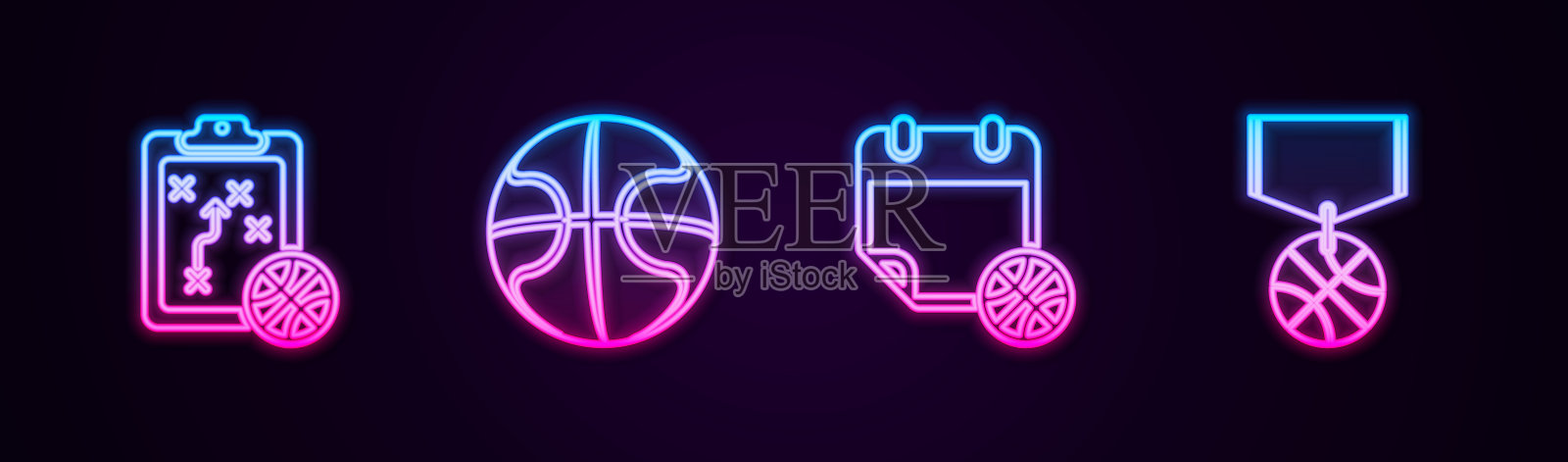 规划策略、篮球、体育日历和奖牌发光霓虹灯矢量图标插画图片素材