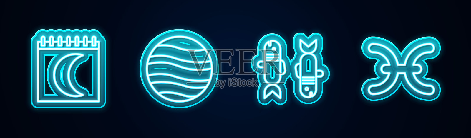 设定线月亮相位日历，行星木星，双鱼座黄道和。发光的霓虹灯图标。向量插画图片素材