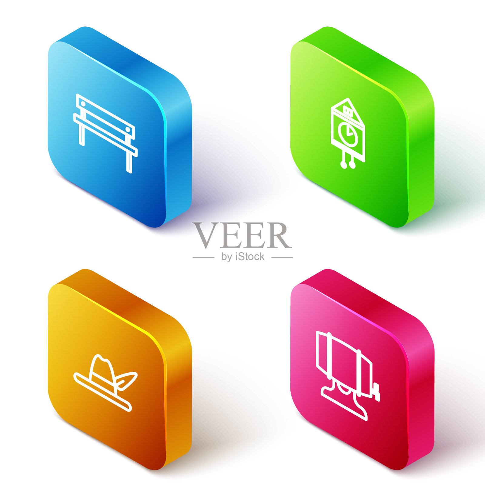 设置等距线长凳，复古墙手表，啤酒节帽子和木桶架上图标。向量图标素材