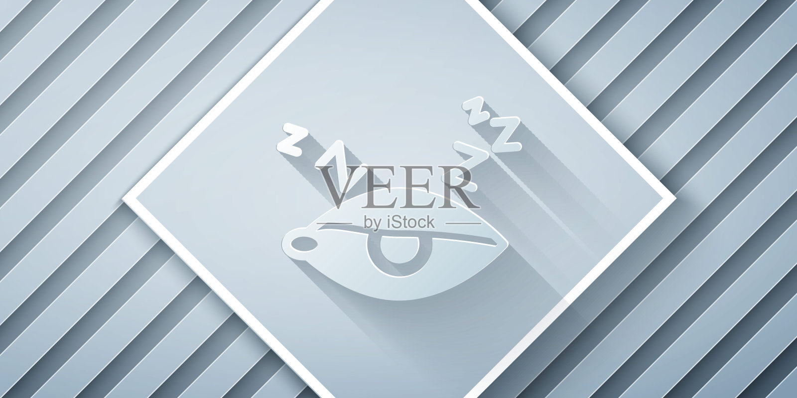 剪纸失眠图标孤立在灰色背景。伴有毛细血管和瞳孔的睡眠障碍。疲劳和压力。纸艺术风格。向量插画图片素材