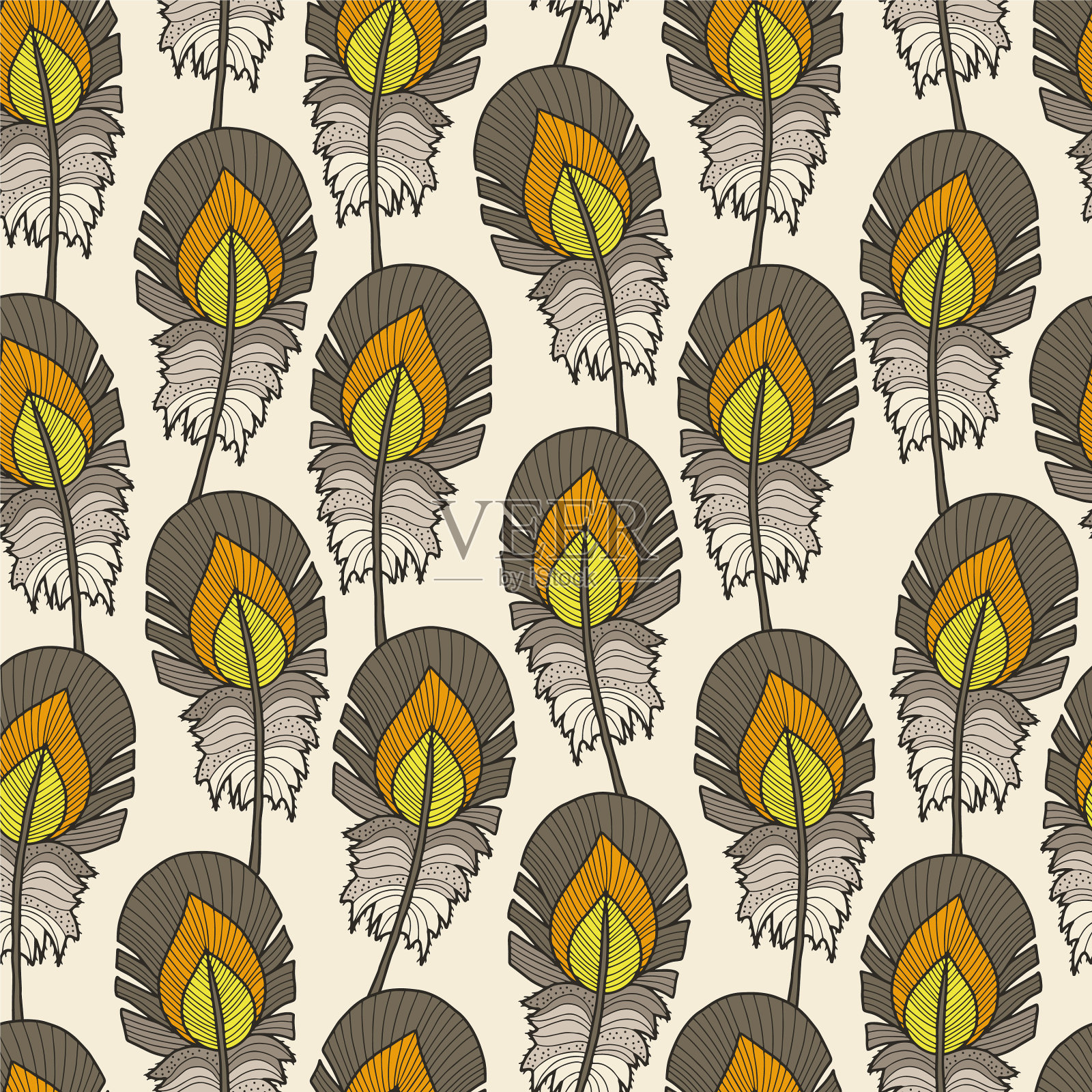 羽毛图案，灰黄橙色插画图片素材
