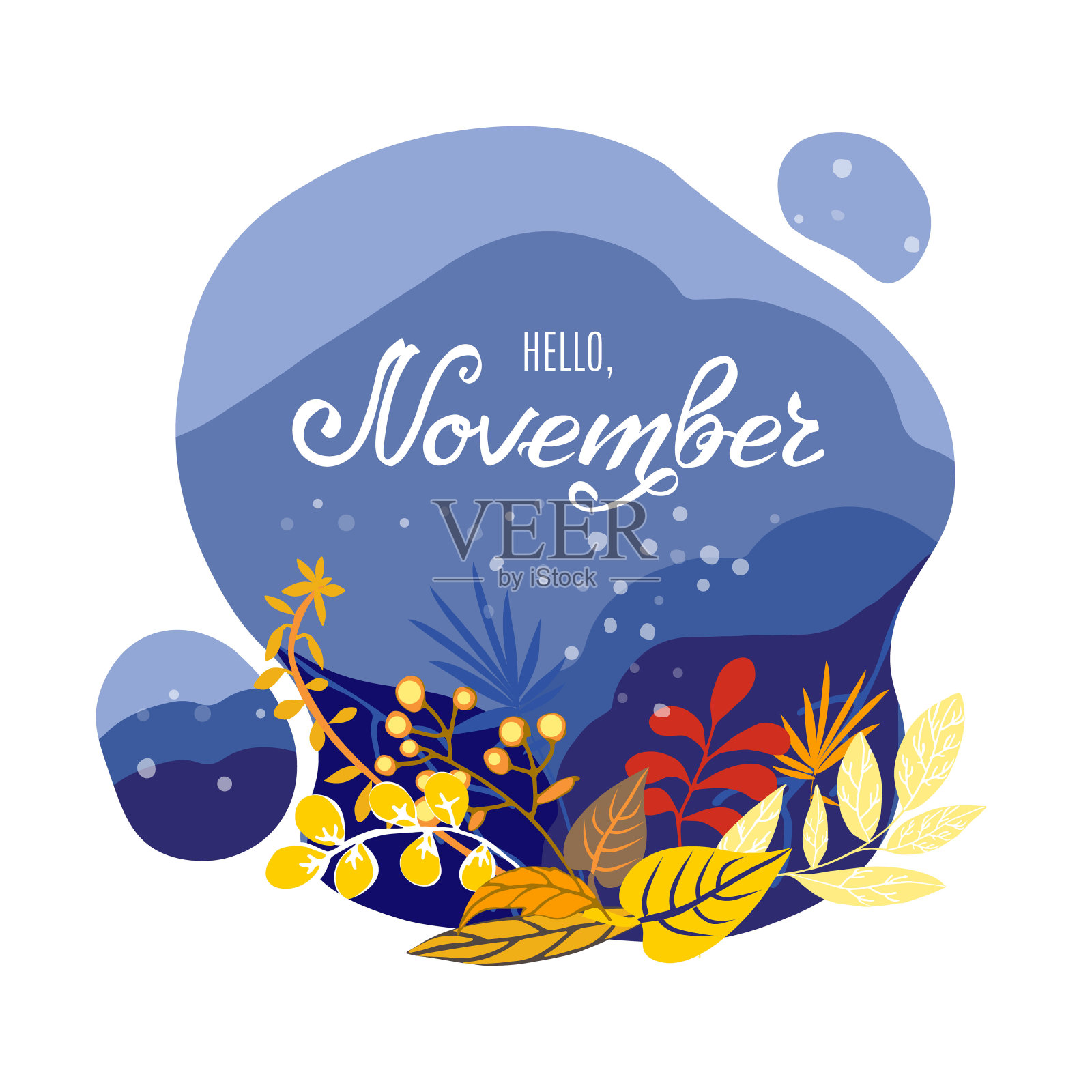 月日历页与手绘文本你好十一月。彩色的落叶卡片或背景是黄色的秋叶、草和雪。矢量插图。插画图片素材