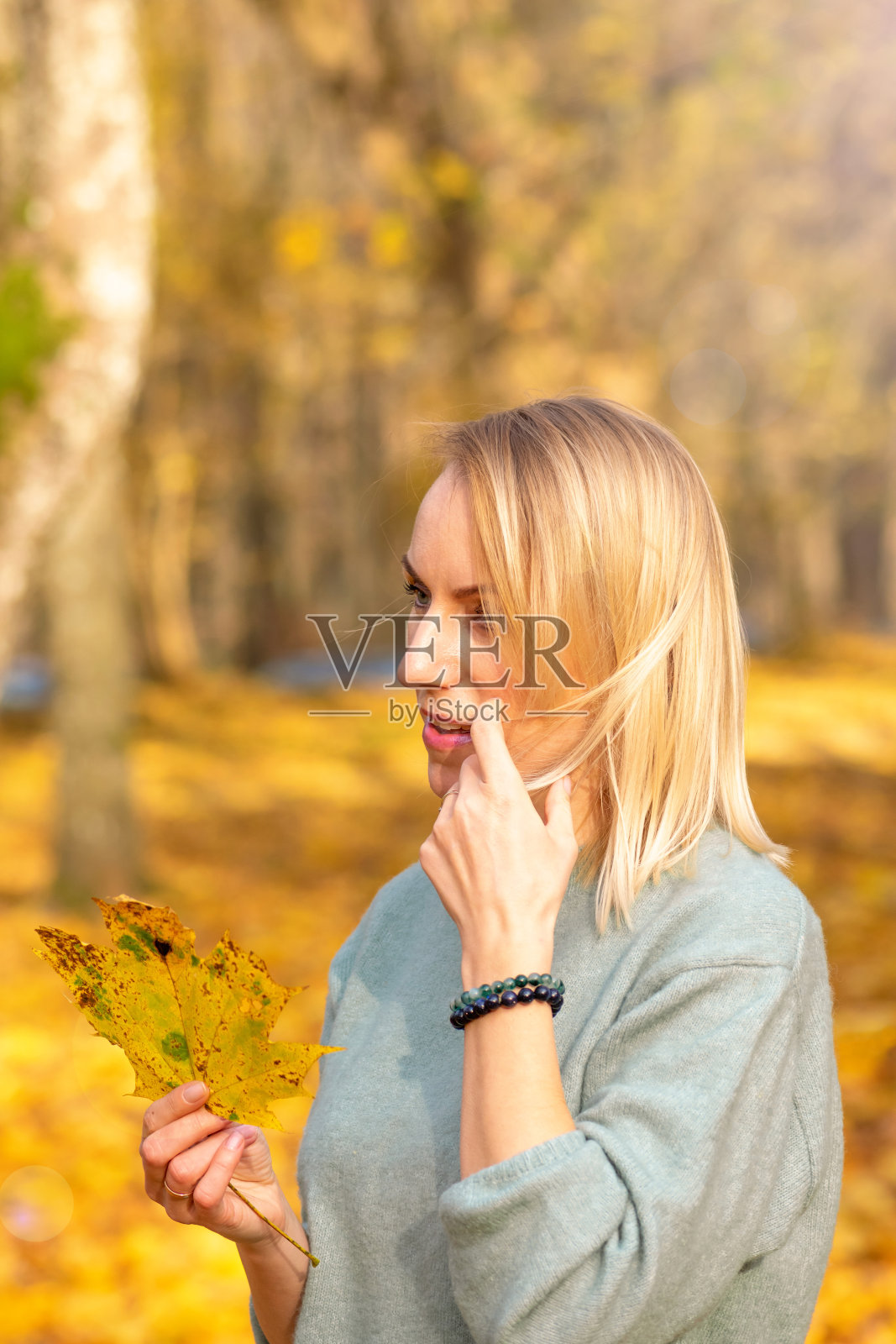 金发女人肖像在秋天的自然照片摄影图片