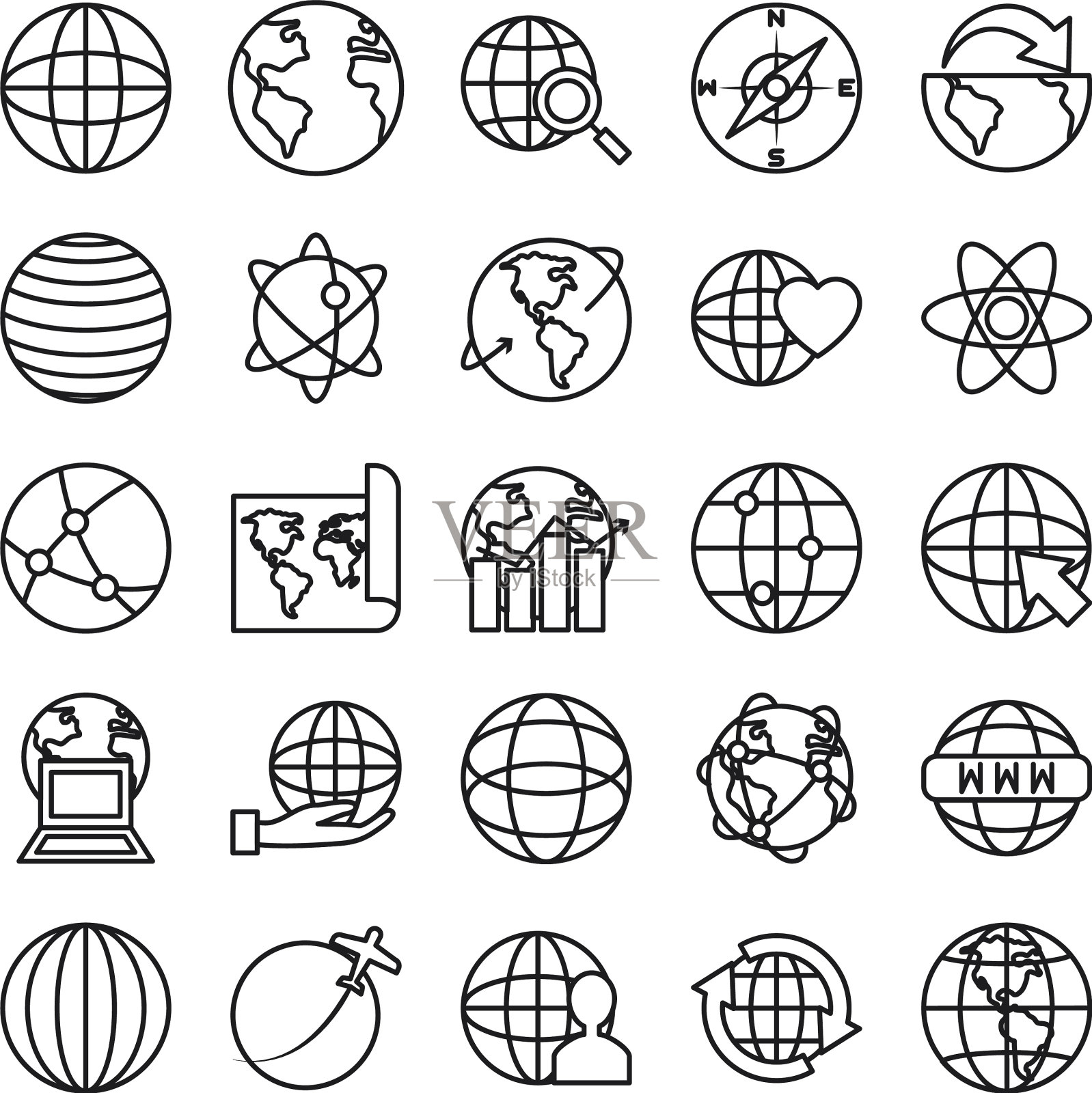 飞机和世界图标设置线条风格图标素材