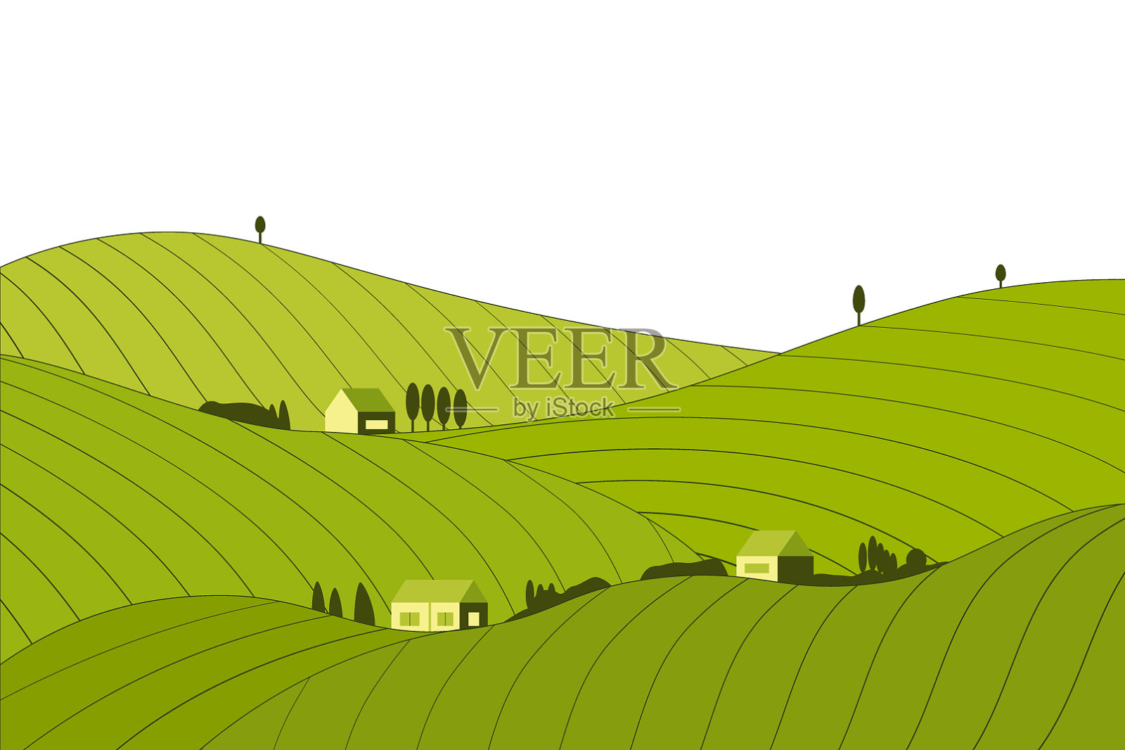 田野景观与山，房子和牛插画图片素材