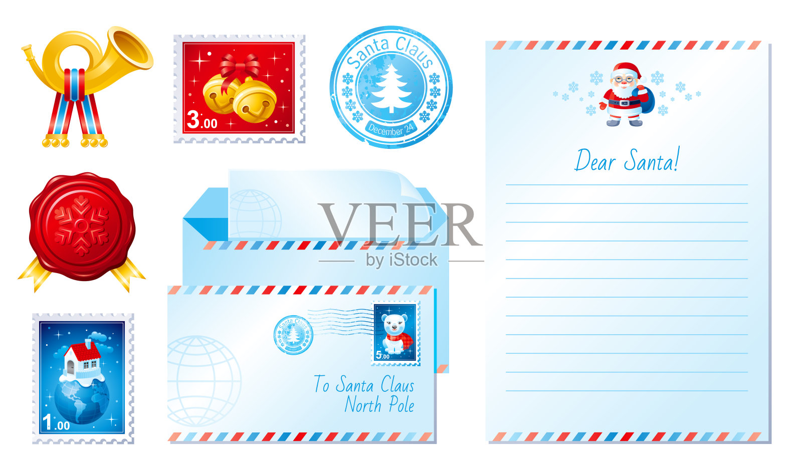 圣诞信套装。圣诞老人愿望清单矢量模板，冬季明信片，信封，邮筒，礼物纸，北极邮票，圣诞老人卡片。圣诞邮件背景。复古节日插图。设计模板素材