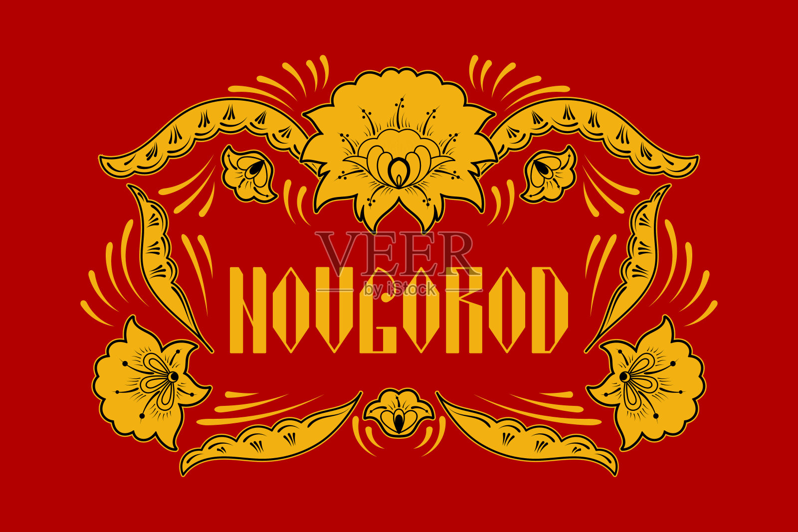诺夫哥罗德。俄罗斯旅游印刷插图矢量。俄罗斯khokhroma图案框架上的红色背景插画图片素材