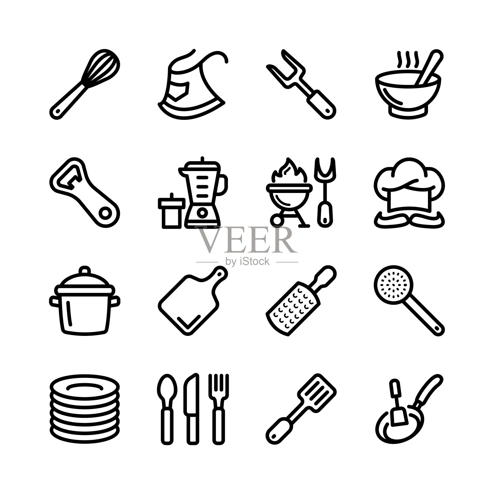 厨具图标设置，线条艺术设计可编辑笔画图标素材