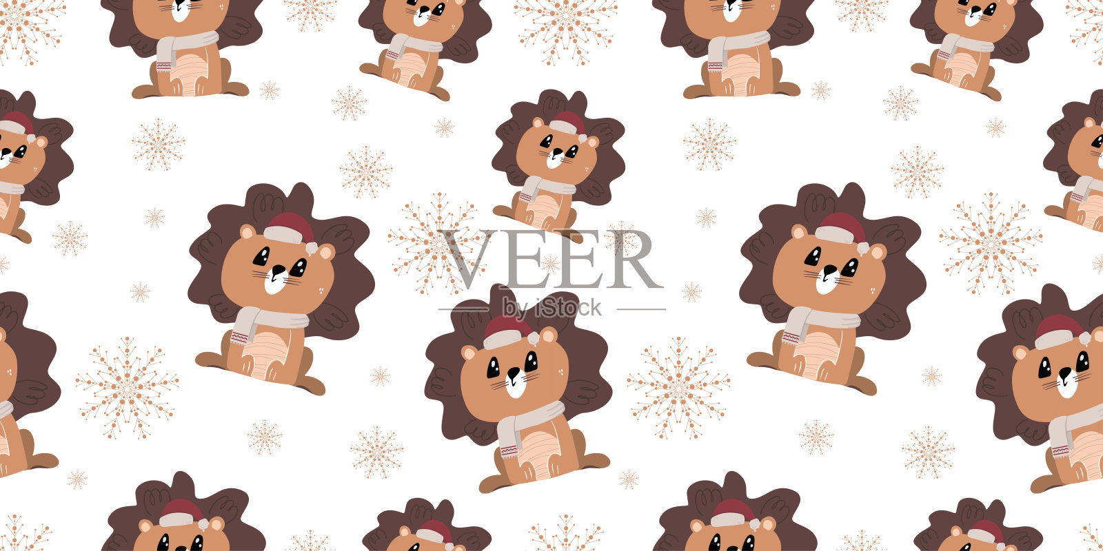 无缝背景与可爱的狮子在圣诞帽。装饰可爱的壁纸为婴儿室在斯堪的纳维亚风格。适合儿童服装、室内设计、包装、印刷。插画图片素材