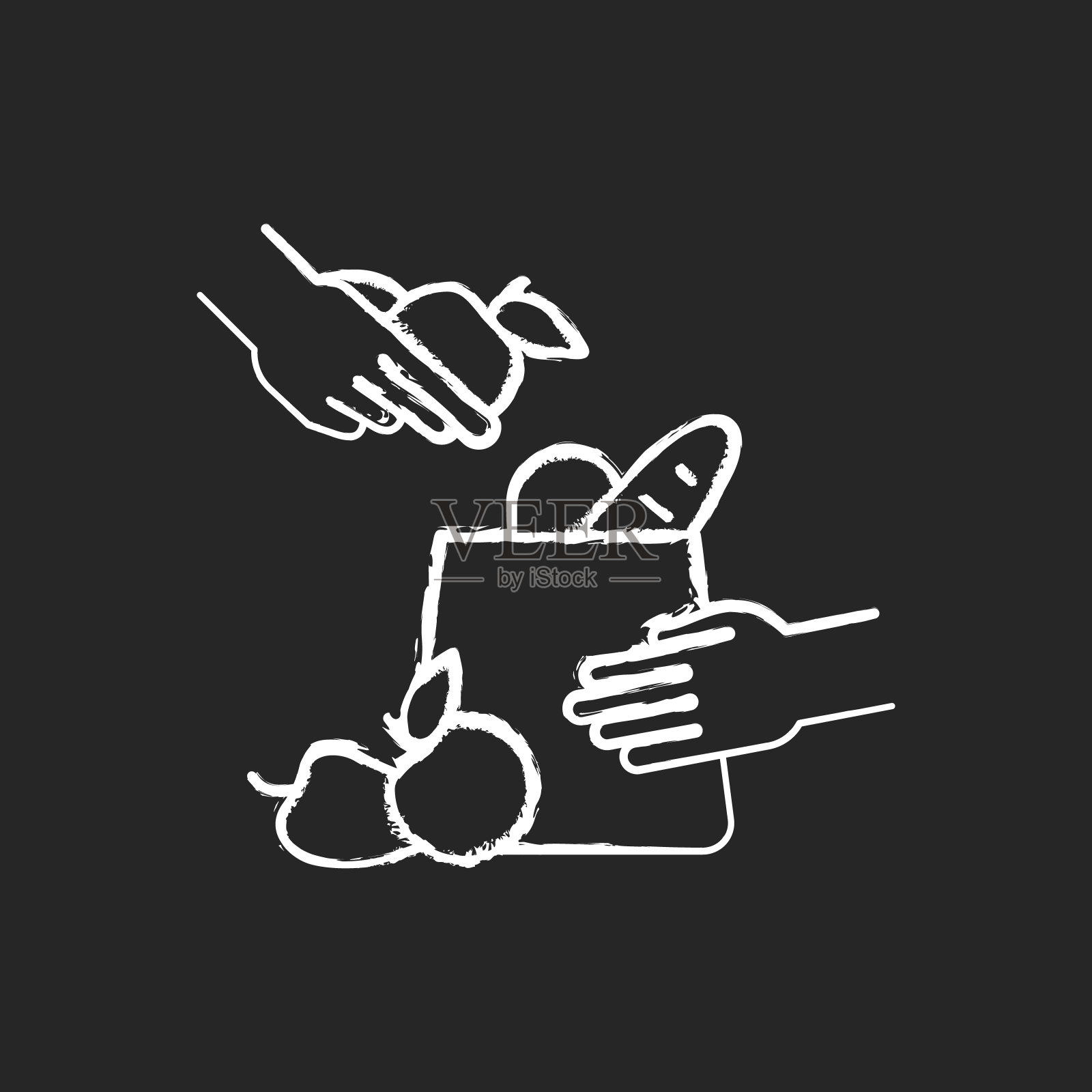 杂货店装袋粉笔白色图标在黑色背景插画图片素材