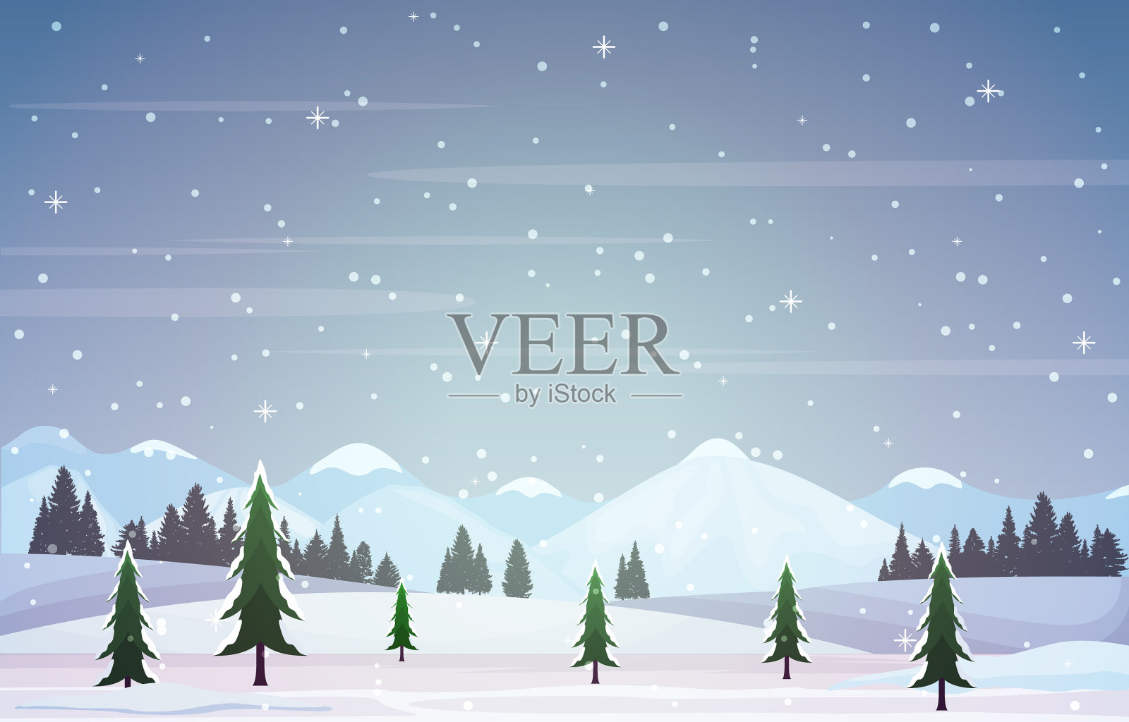 冬天的景色，雪景与松树插画图片素材