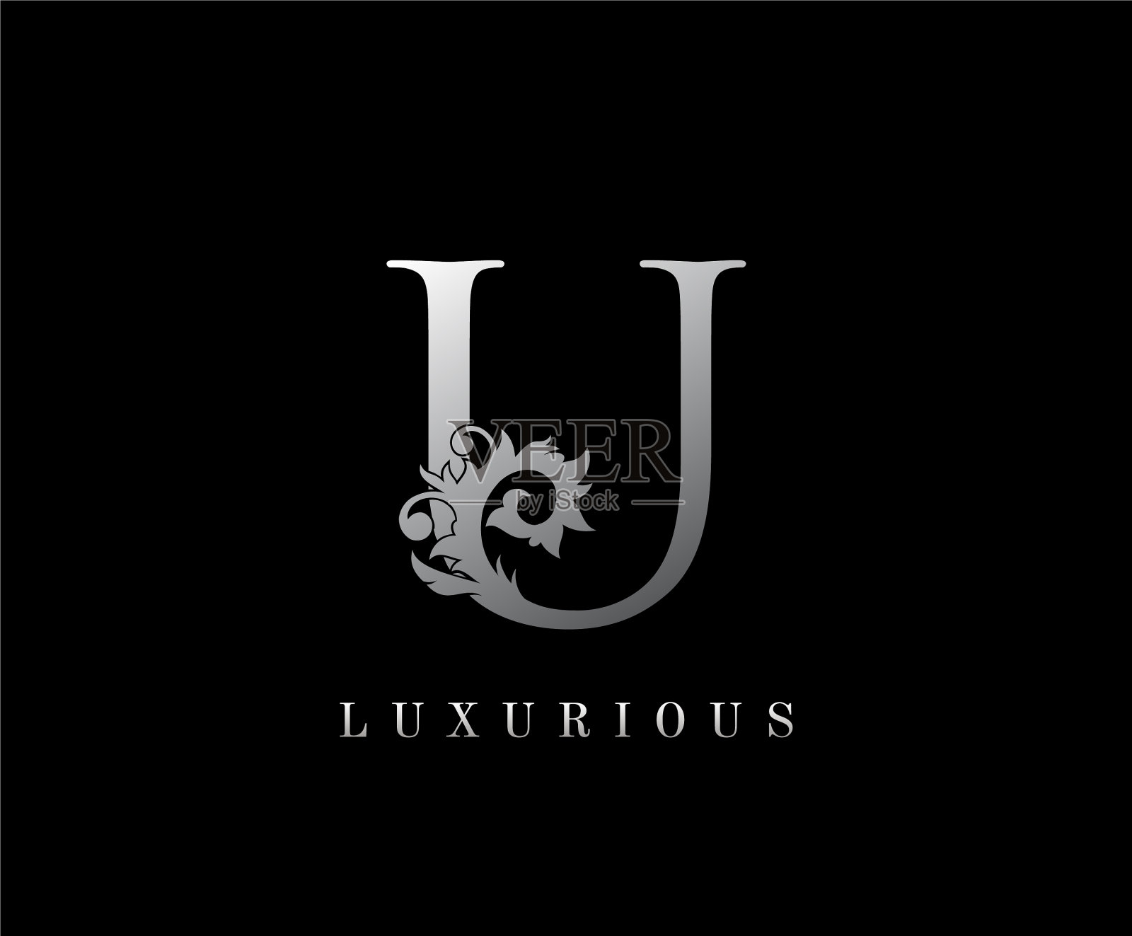 U字母花卉标志复古银色雄伟插画图片素材