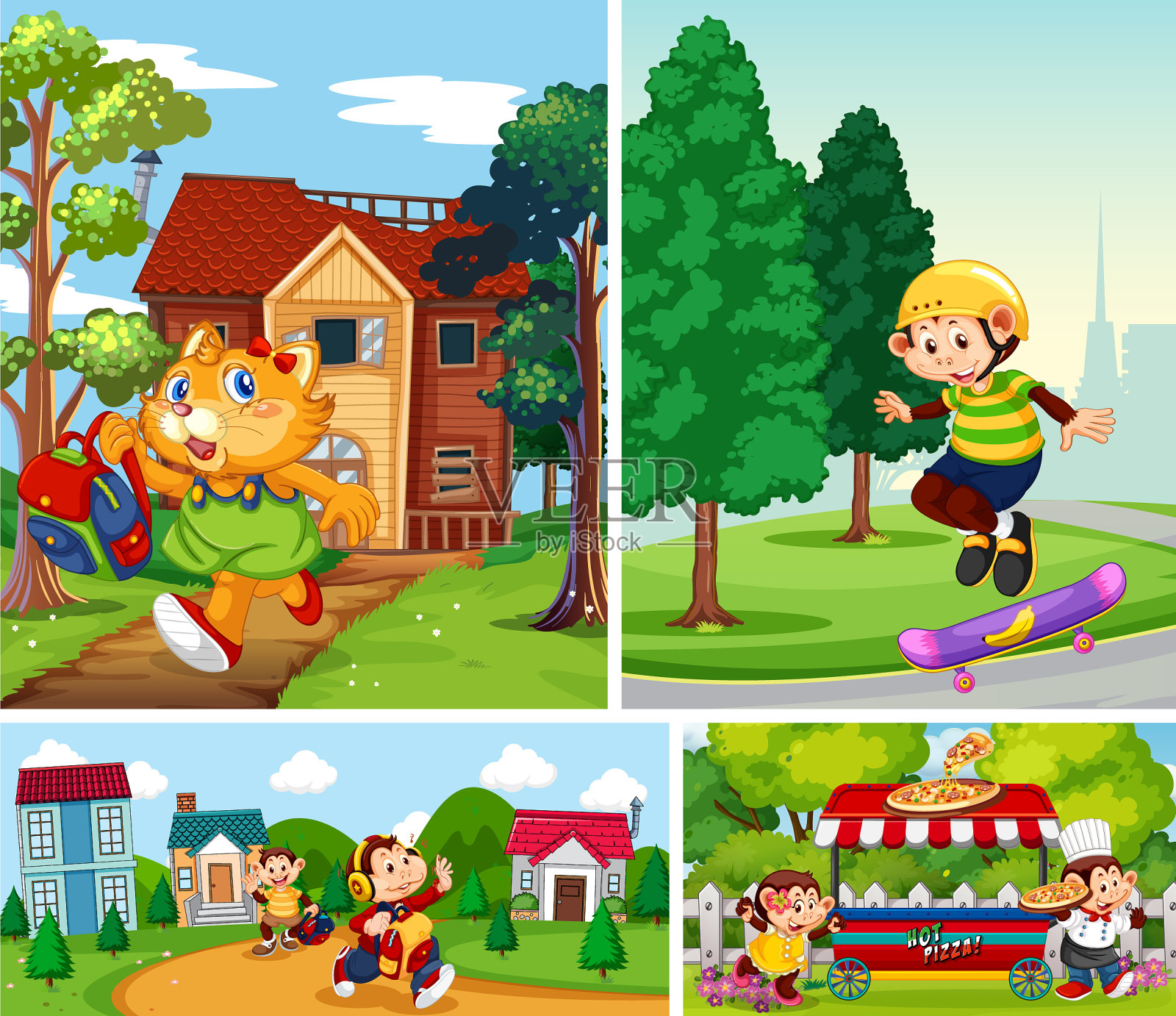 在不同的背景下设置动物学生插画图片素材