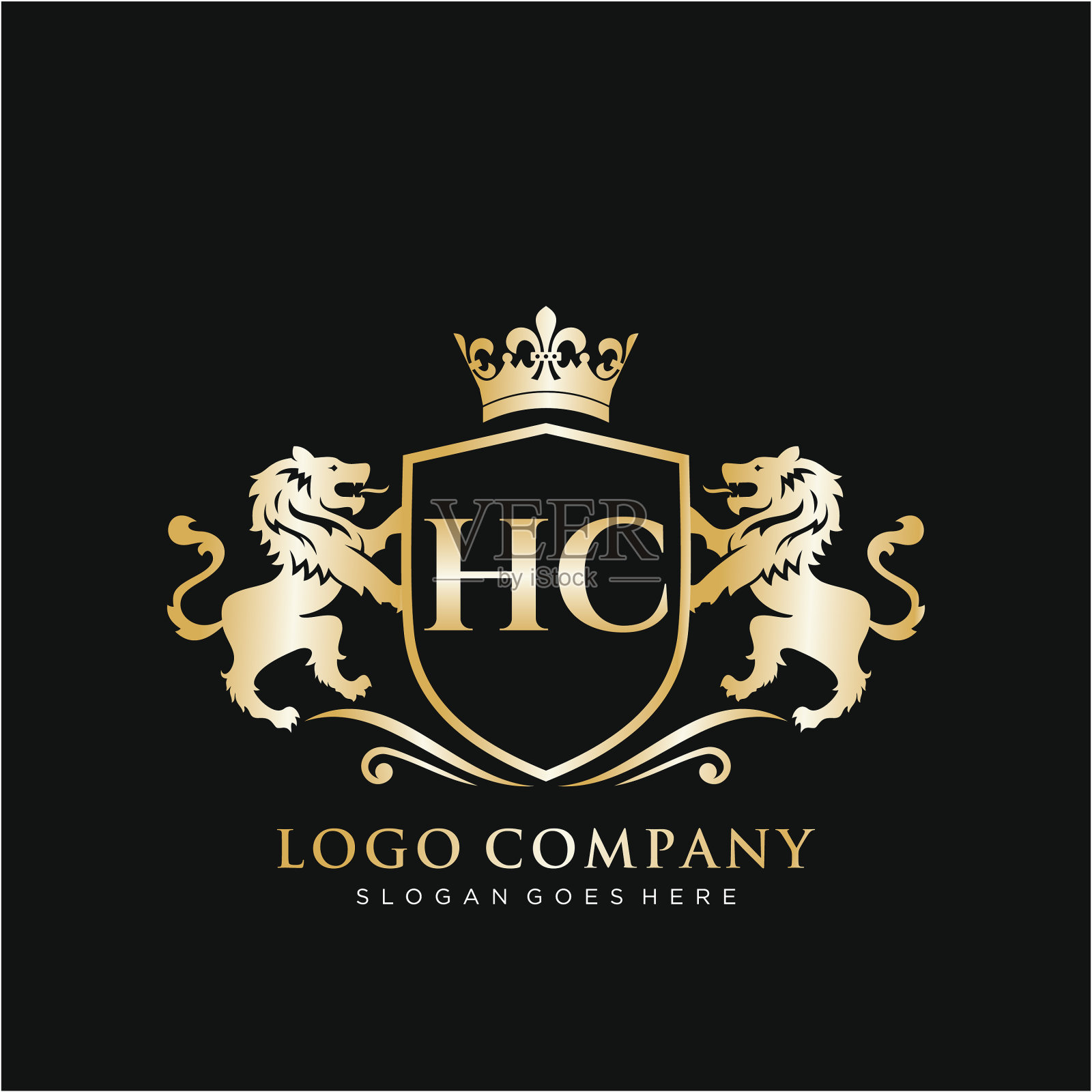 Hc字母首字母与狮子皇家标志模板插画图片素材