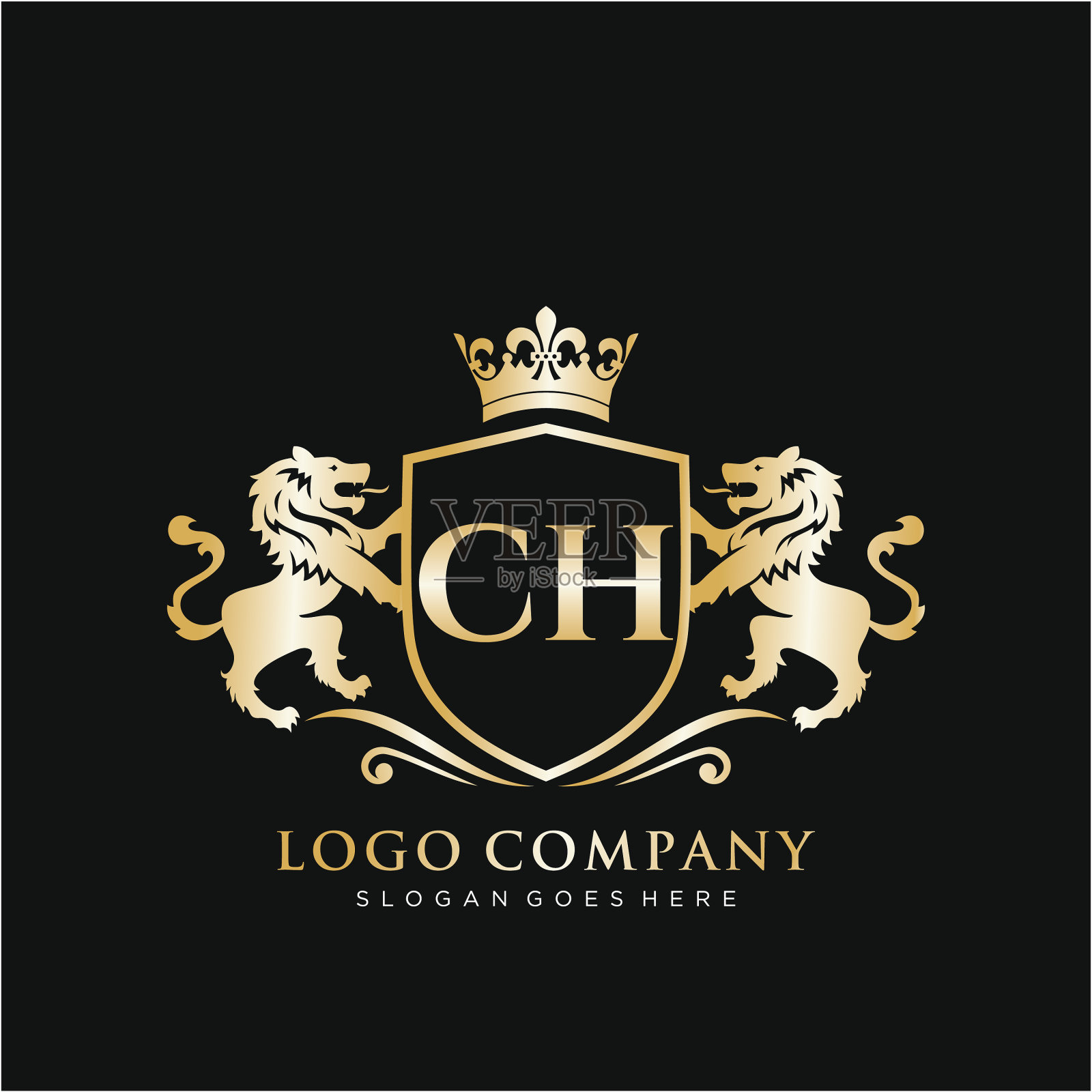 Ch字母首字母与狮子皇家标志模板插画图片素材
