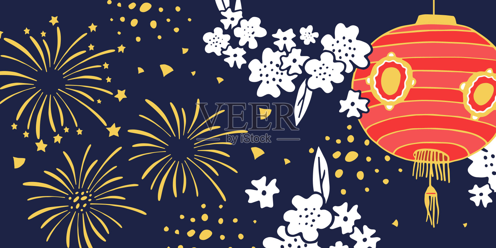 中国的纸灯笼在花和烟花。矢量手绘草图插图在深蓝色的背景插画图片素材