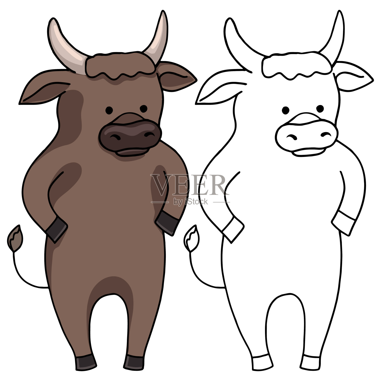 可爱的卡通牛。手绘矢量插图。一套轮廓和彩色图画孤立在白色上。有趣快乐的动物角色。东方日历上的符号2021用于设计，卡片，印刷，装饰。设计元素图片