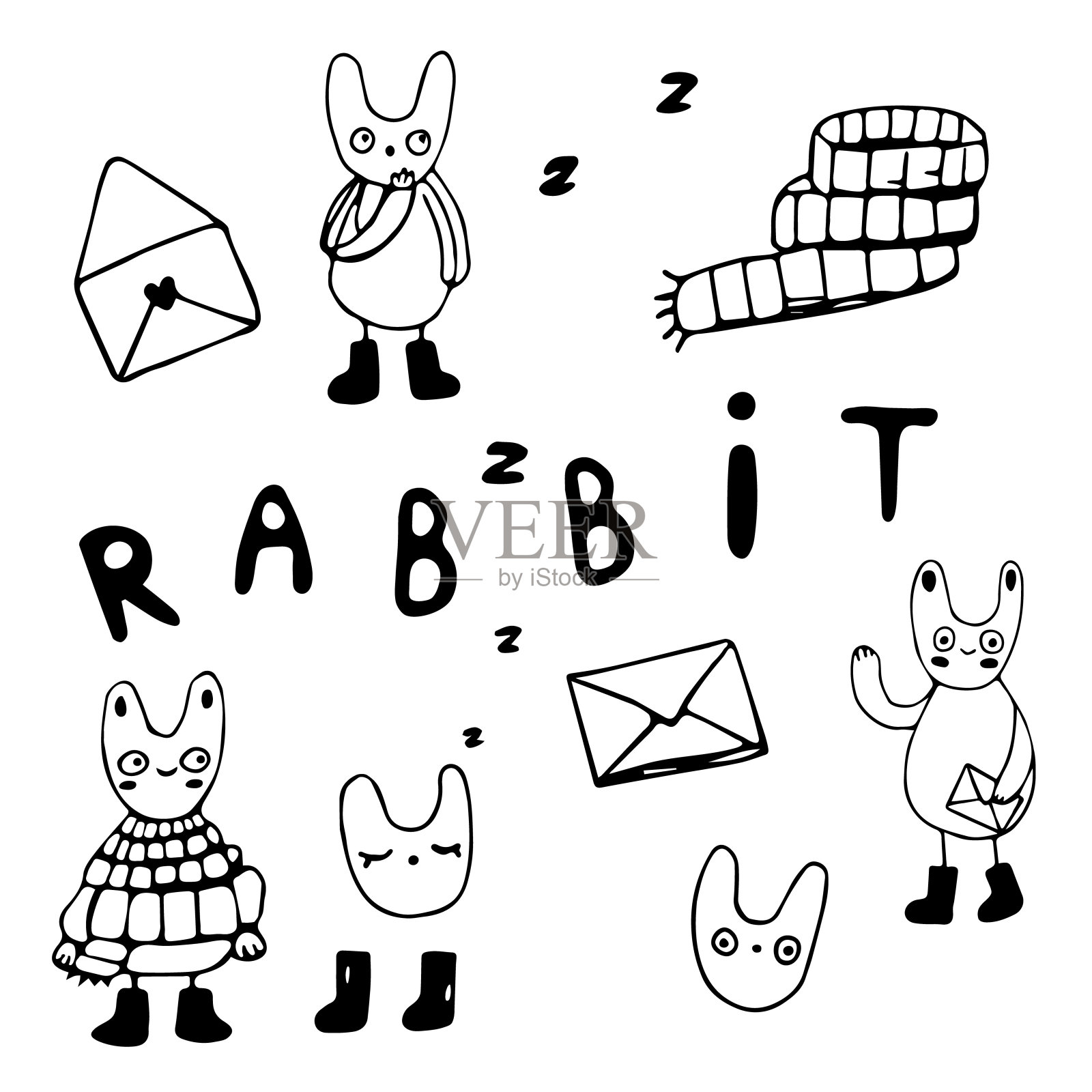 一套圣诞兔子。手绘黑白图纸。插画图片素材