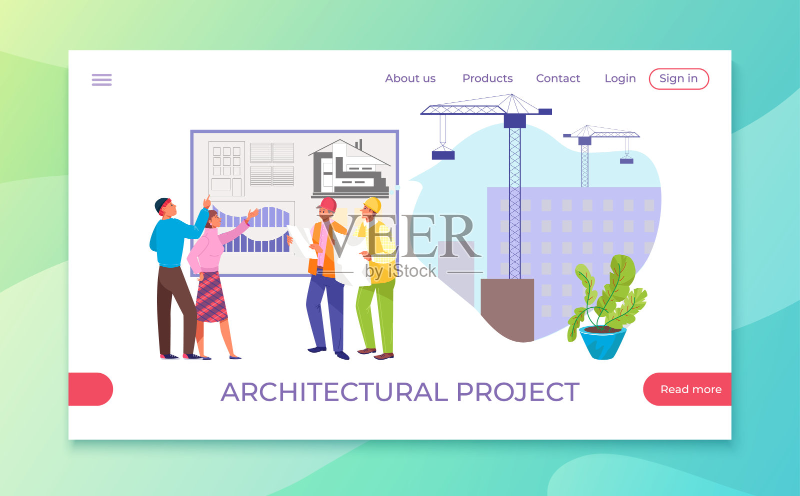 建筑工程，施工工程师，矢量图。建筑商业工程工作，专业建筑师行业。插画图片素材