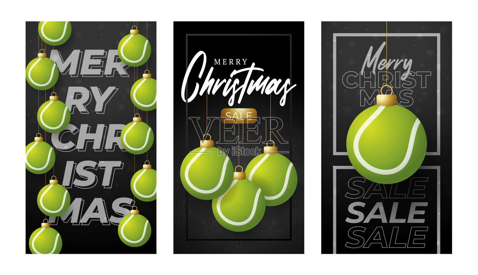 圣诞快乐足球垂直贺卡。一套insta故事格式卡与挂在一根线足球作为圣诞球在黑色水平的背景。运动矢量插图。设计模板素材