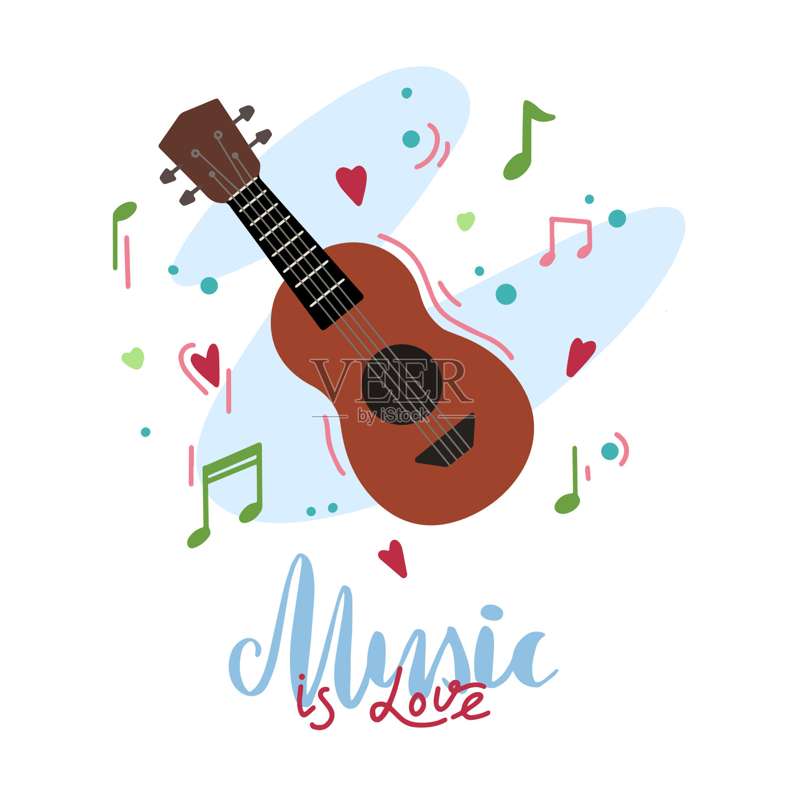 音乐是爱。原始字母与尤克里里，心和音符在抽象的背景。爱好和兴趣。矢量插图与书法引用插画图片素材