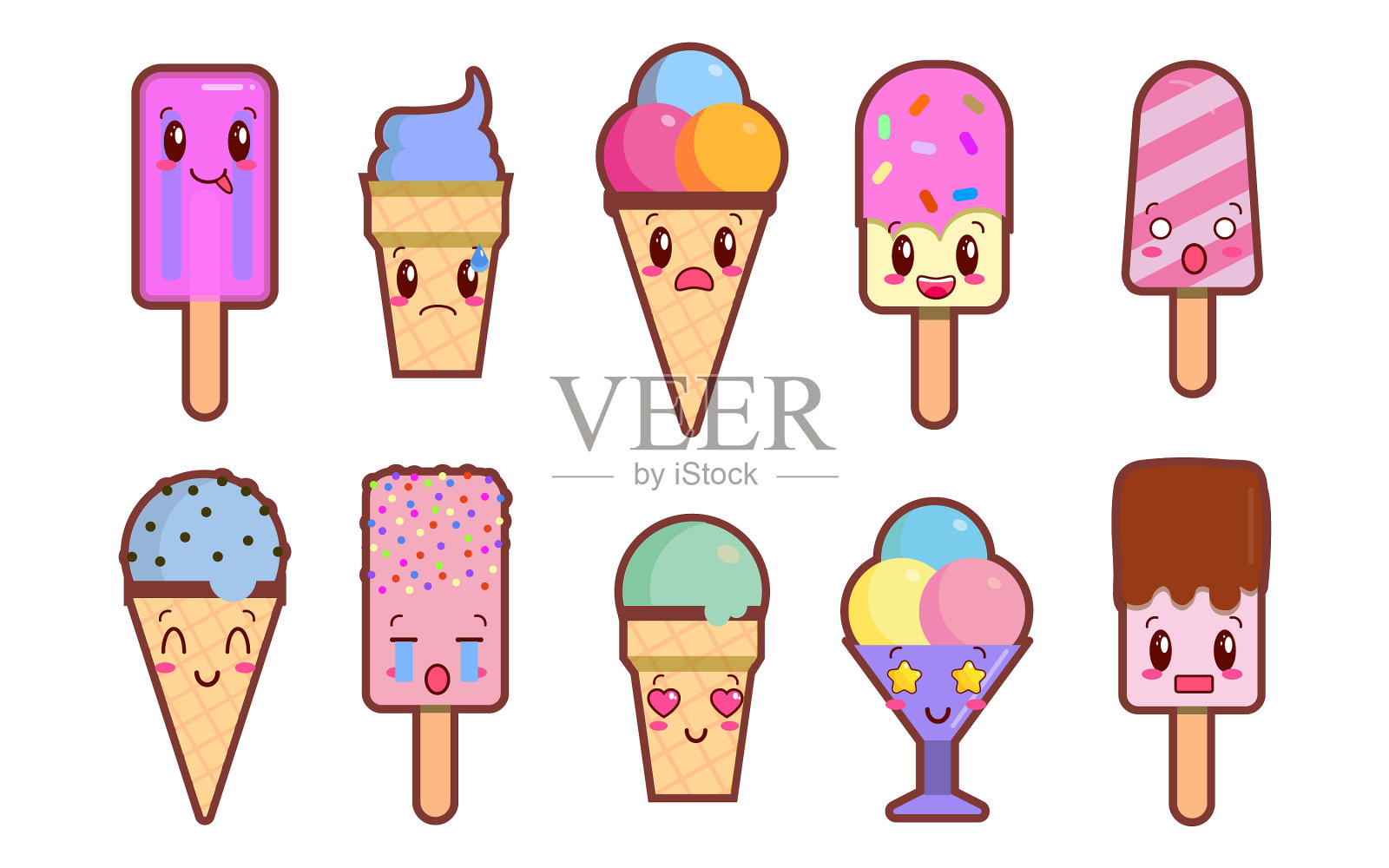 设置可爱的卡通冰淇淋在白色的背景插画图片素材