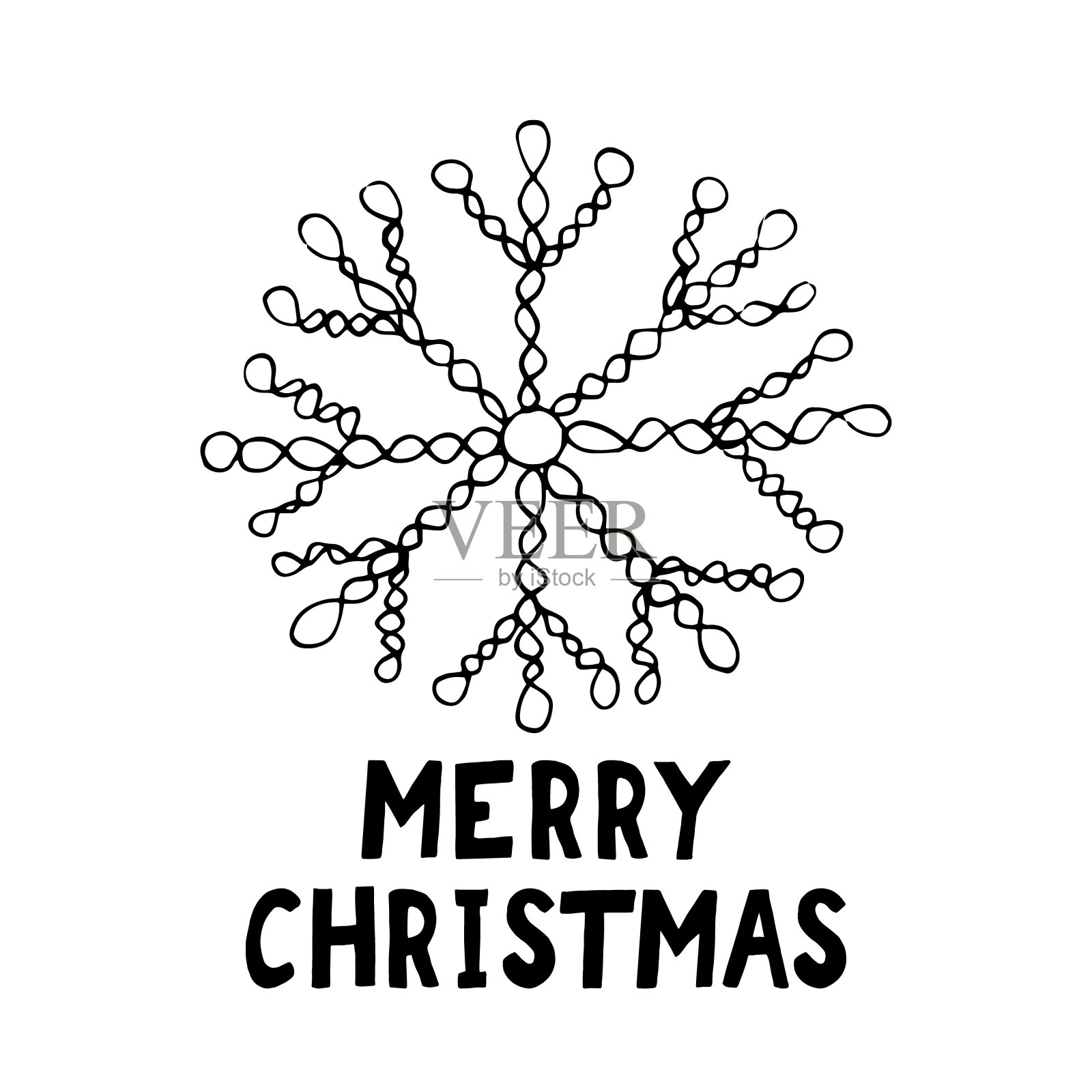 雪花和字母圣诞快乐。模板卡片，愿望，邀请。手绘涂鸦素描。向量斯堪的纳维亚单色极简主义。插画图片素材