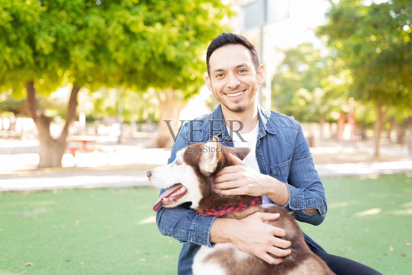 快乐的狗主人抚摸着他的哈士奇狗照片摄影图片