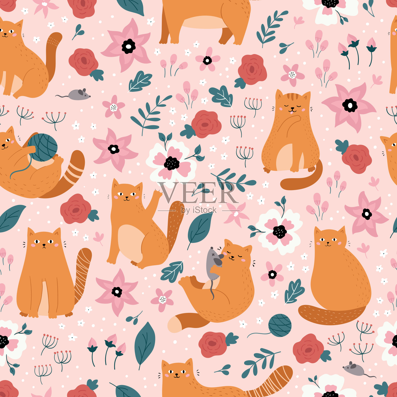 矢量无缝模式与姜涂鸦猫。插画图片素材