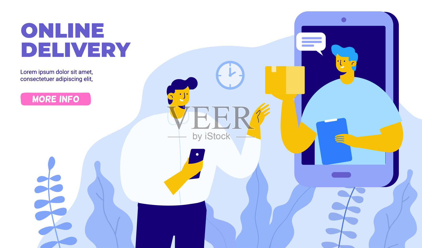 年轻人通过智能手机屏幕从快递员那里接收包裹。应用概念的网上购物和订单交付。网上交付的概念。平面向量插图设计模板素材