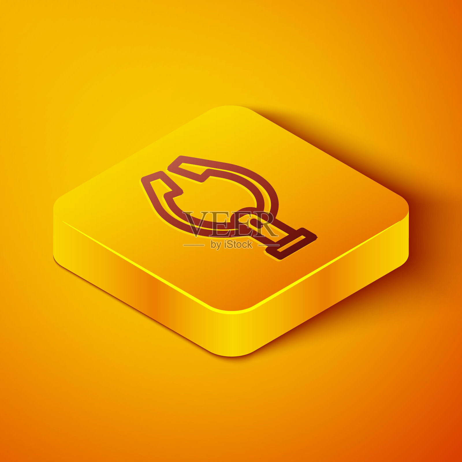 等距线肉钳图标孤立在橙色的背景。烧烤钳的迹象。烧烤和烧烤工具。黄色正方形按钮。向量图标素材