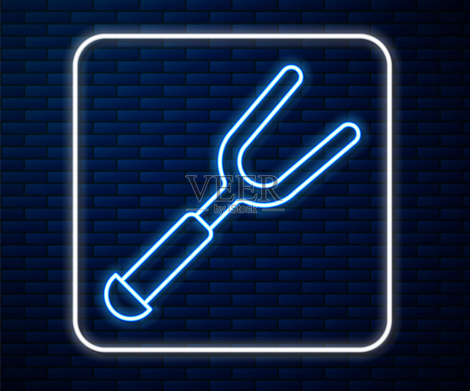 霓虹灯线烧烤叉图标孤立在砖墙背景上。烧烤叉的迹象。烧烤和烧烤工具。向量插画图片素材