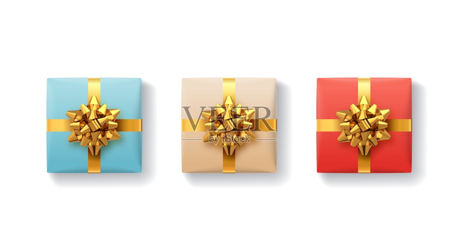 礼品盒。礼盒与闪亮的现实的金色丝带和蝴蝶结。前视图。节日装饰元素。收藏圣诞节、生日或周年纪念礼物。向量喜庆的插图。插画图片素材