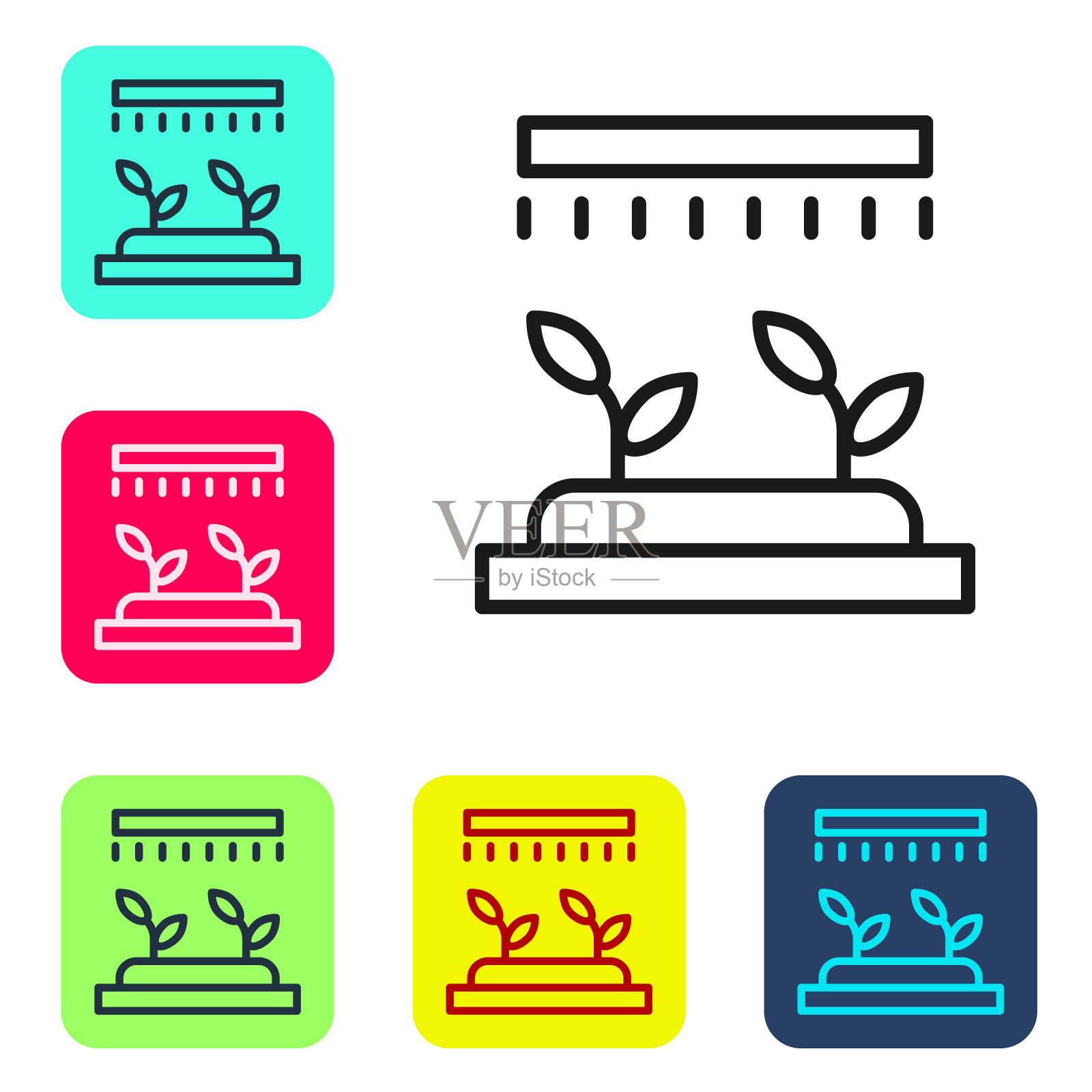 黑线自动灌溉喷头图标孤立在白色背景上。灌溉设备。花园元素。喷枪图标。设置图标为彩色方框按钮。向量图标素材