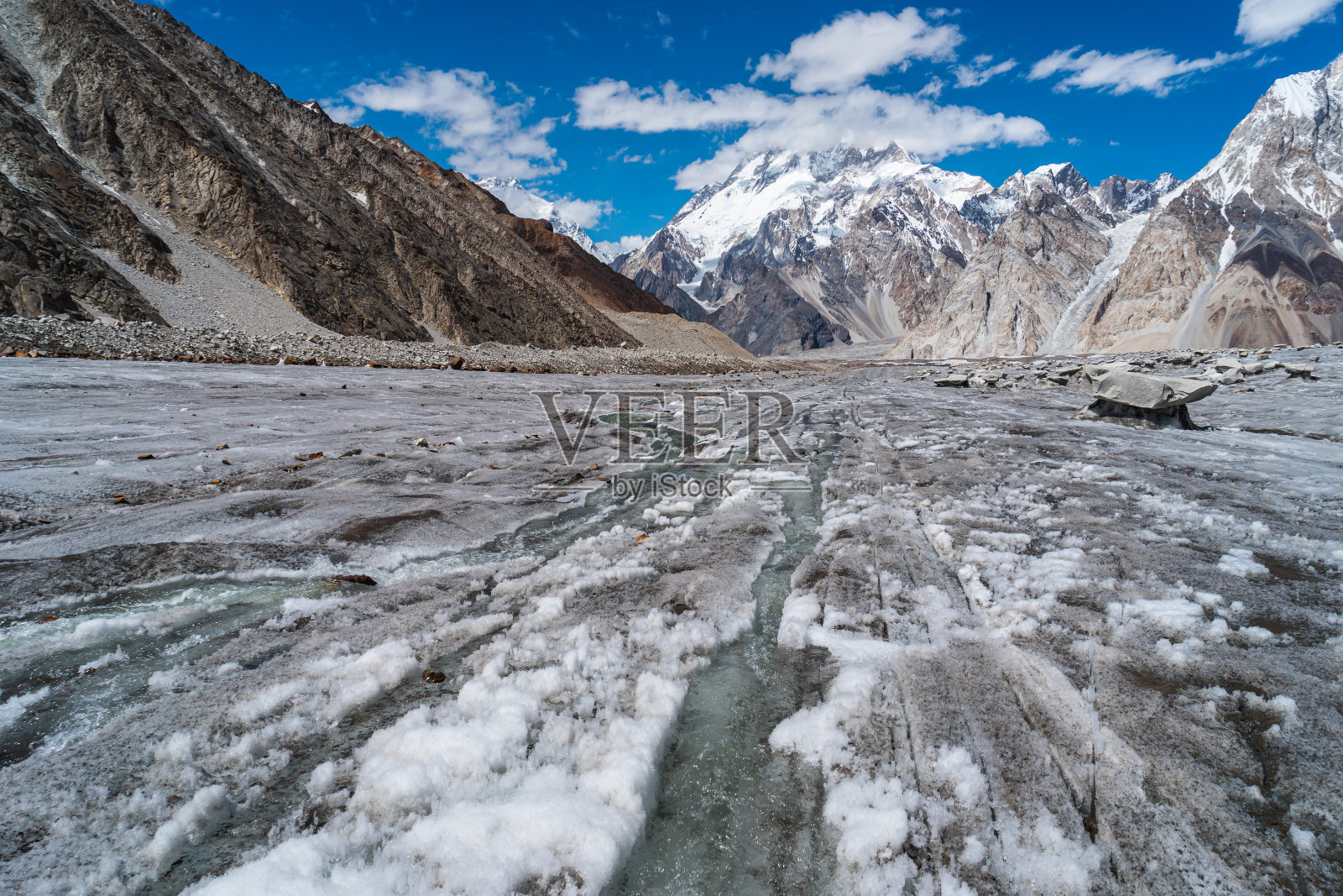 从Vigne冰川，K2营地徒步路线周围的喀喇昆仑山脉的宽峰山景，巴基斯坦照片摄影图片