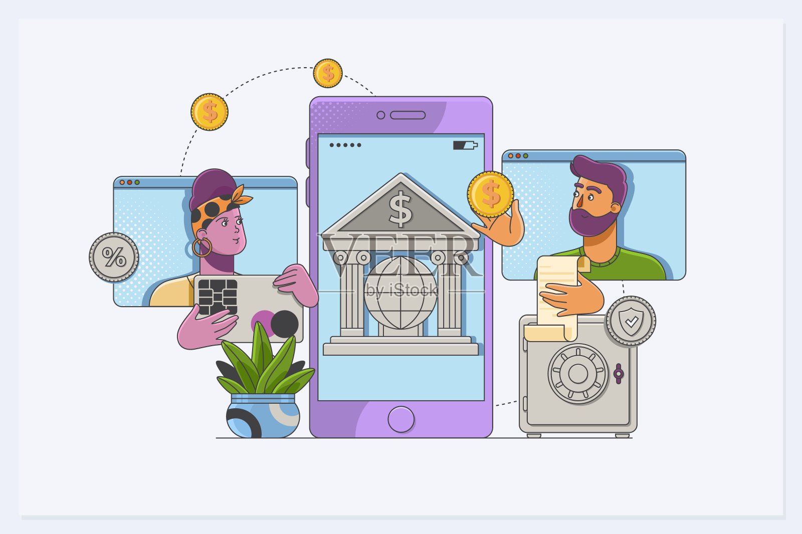 网上银行的网络概念。互联网银行的现代旗帜。人们使用智能手机进行互联网移动支付、转账和存款。插画图片素材