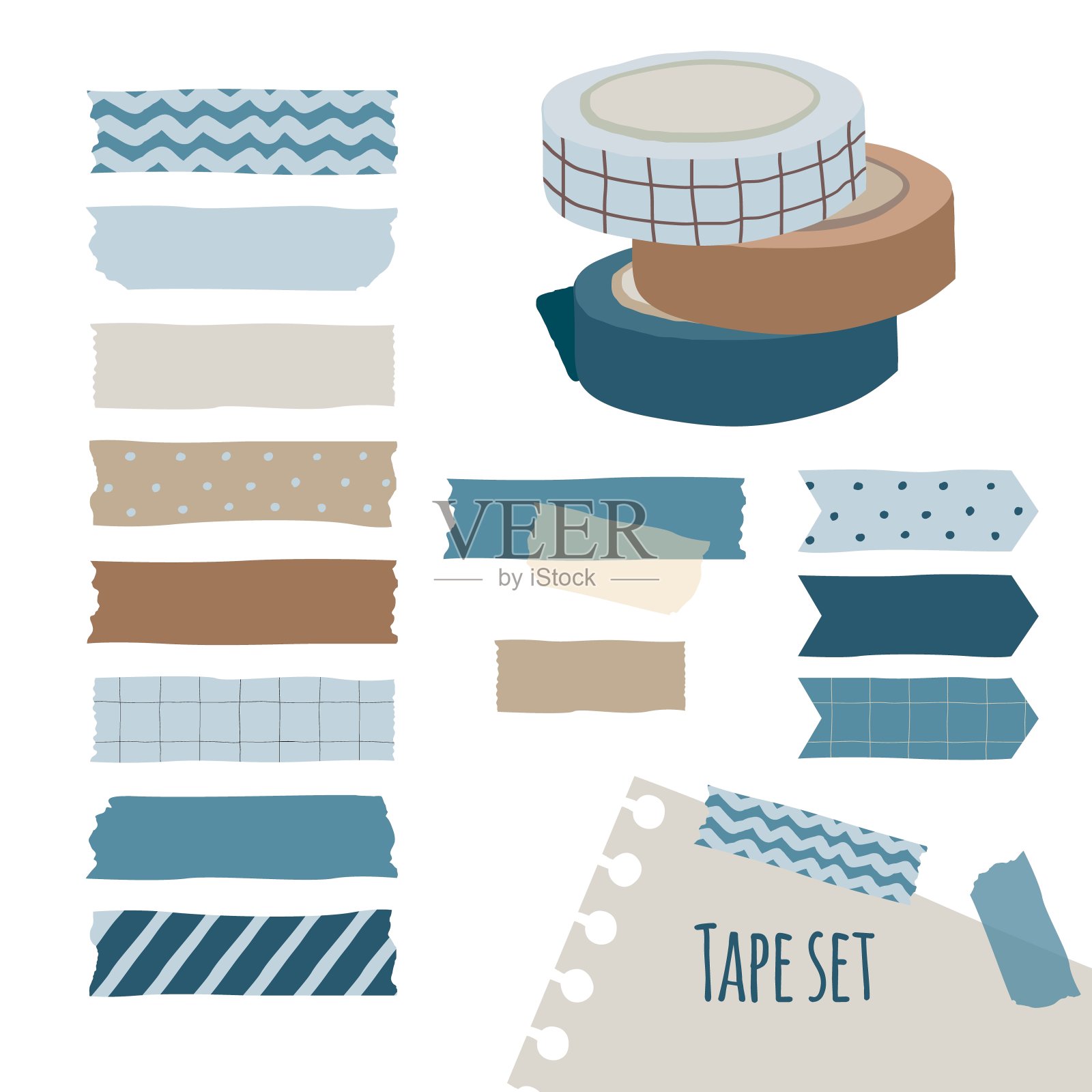 一套可爱的彩色手绘胶带，空白标签标签贴纸的图案在柔和的颜色作为装饰的设计元素。插画图片素材