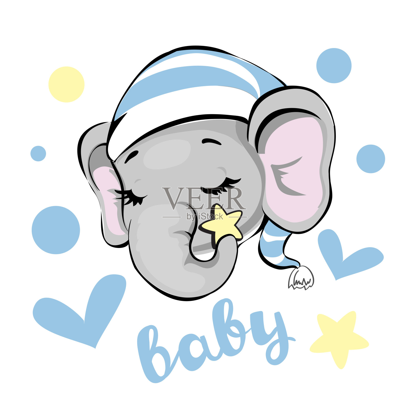 一只戴着帽子睡觉的小象的脑袋。矢量插图。新生的概念插画图片素材
