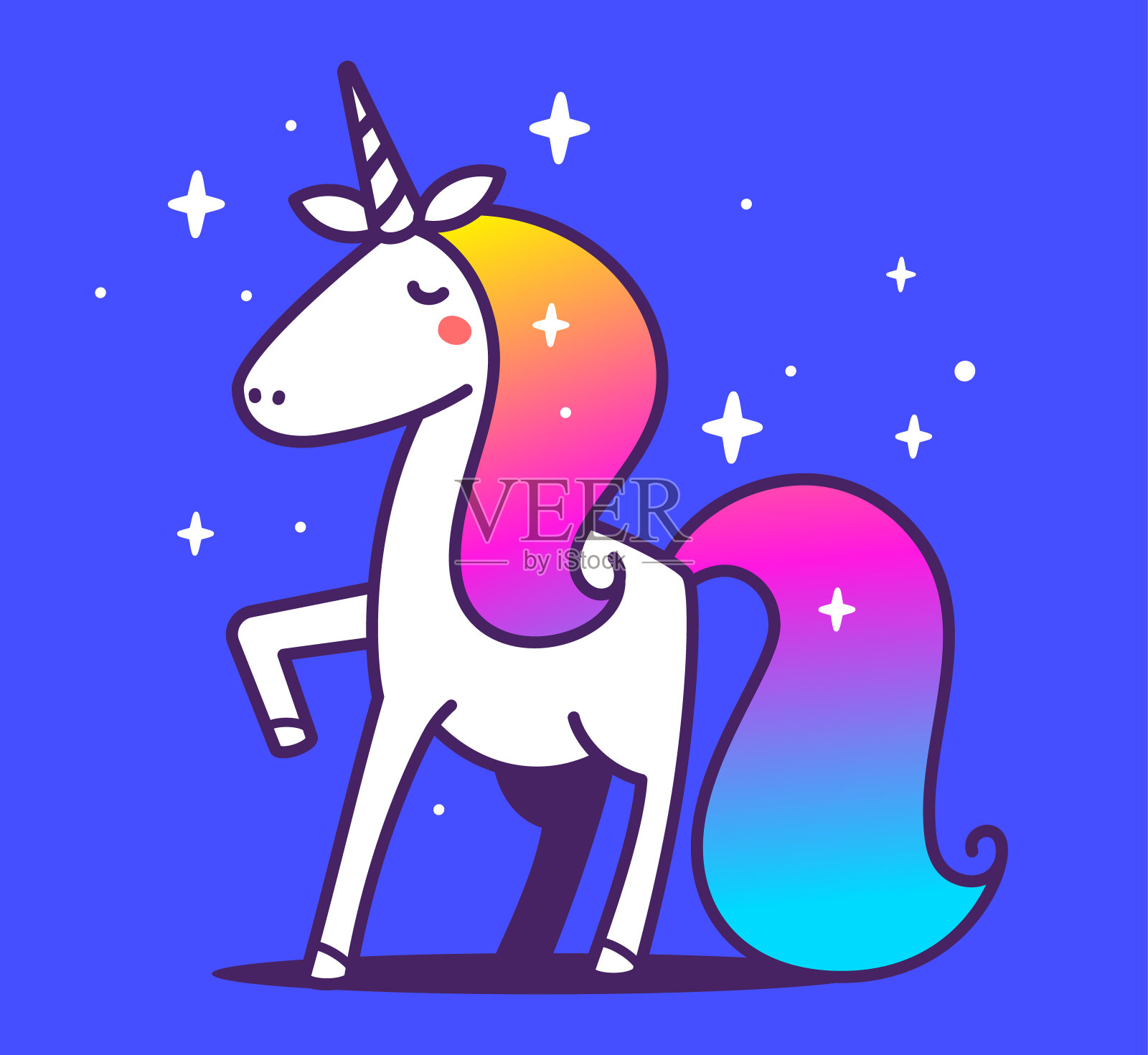 矢量线艺术插图的魔法白色独角兽与彩虹颜色鬃毛和尾巴插画图片素材