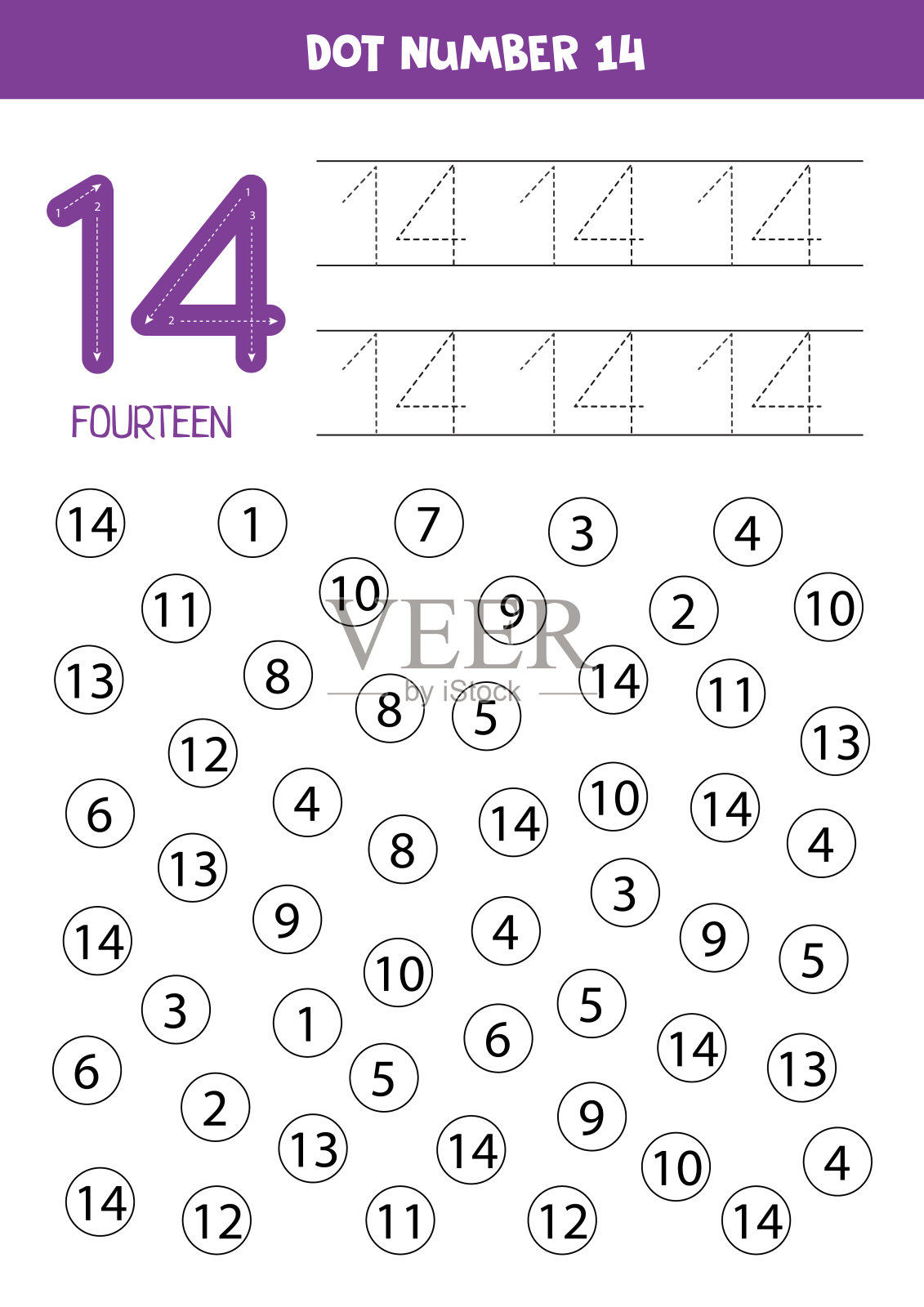 给所有数字点或涂上颜色14。有教育意义的游戏。插画图片素材