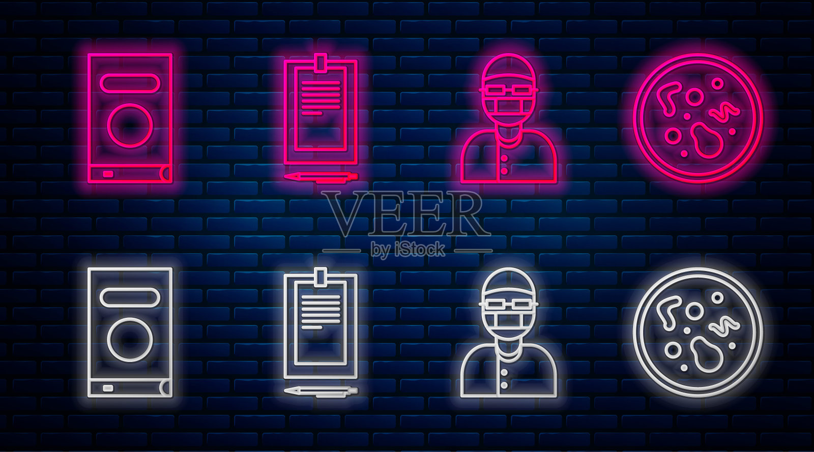 设置线剪贴板与文件，助理，书和细菌。砖墙上发光的霓虹灯图标。向量插画图片素材